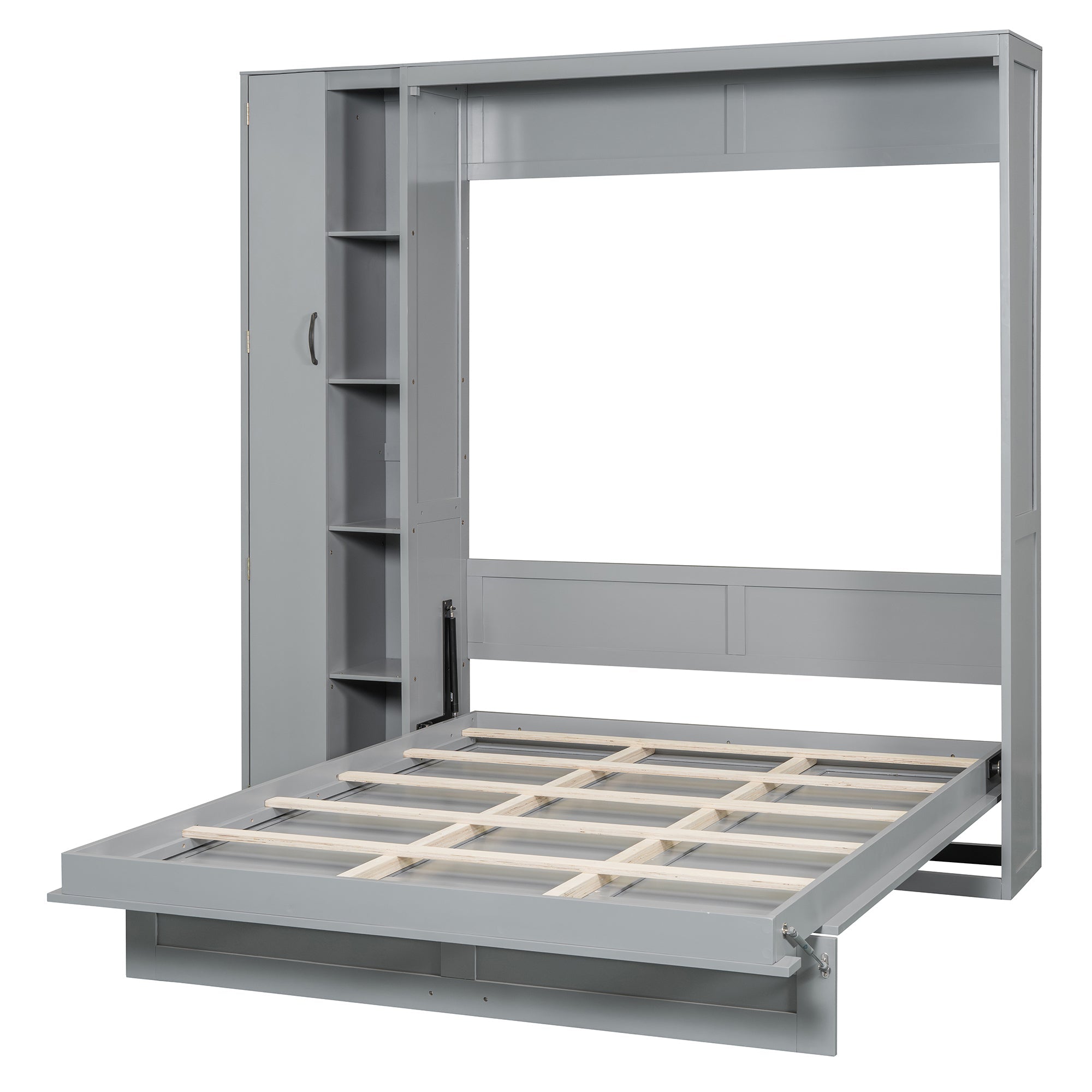 Queen Size Murphy Bed Wall Bed with Shelves, Wardrobe and LED Lights, Gray