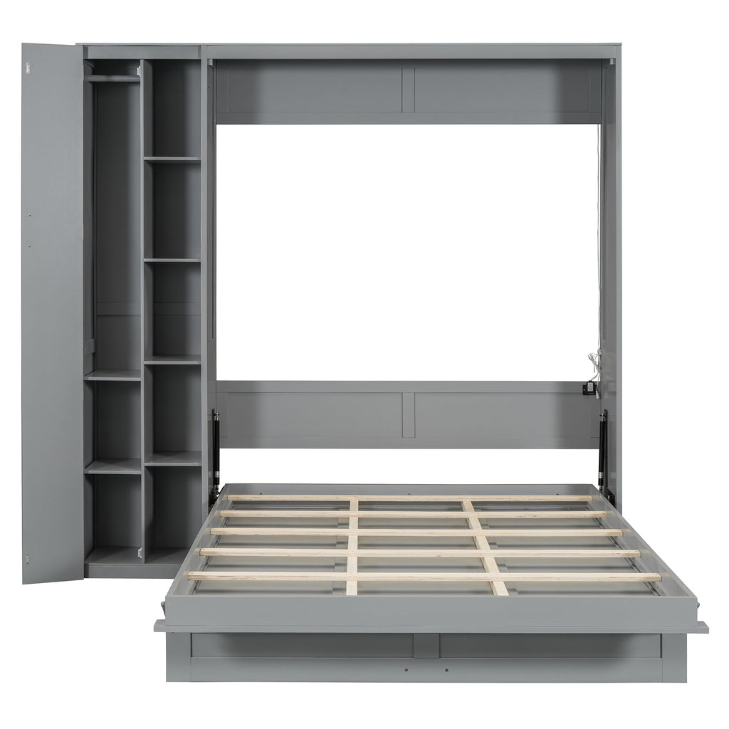 Queen Size Murphy Bed Wall Bed with Shelves, Wardrobe and LED Lights, Gray