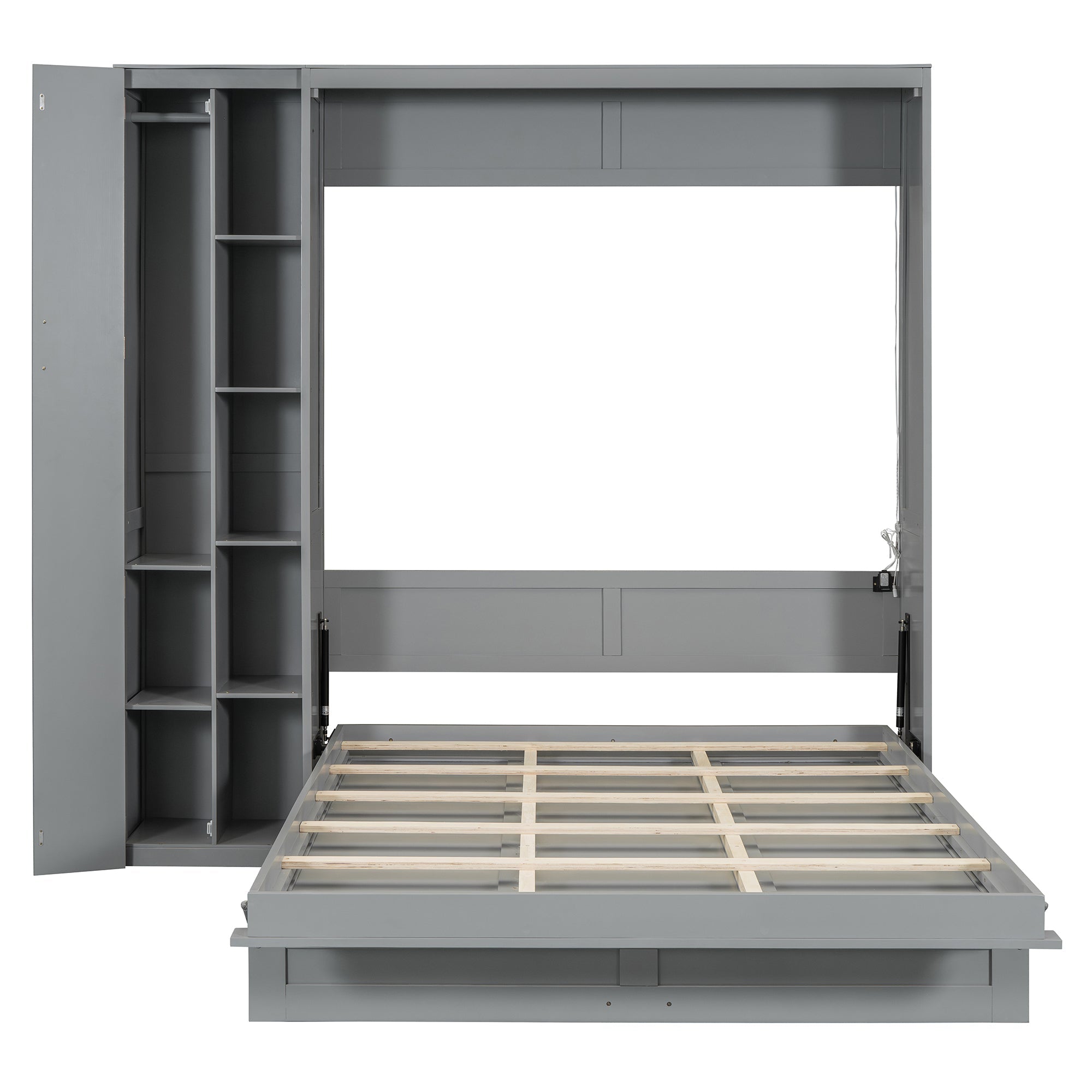 Queen Size Murphy Bed Wall Bed with Shelves, Wardrobe and LED Lights, Gray