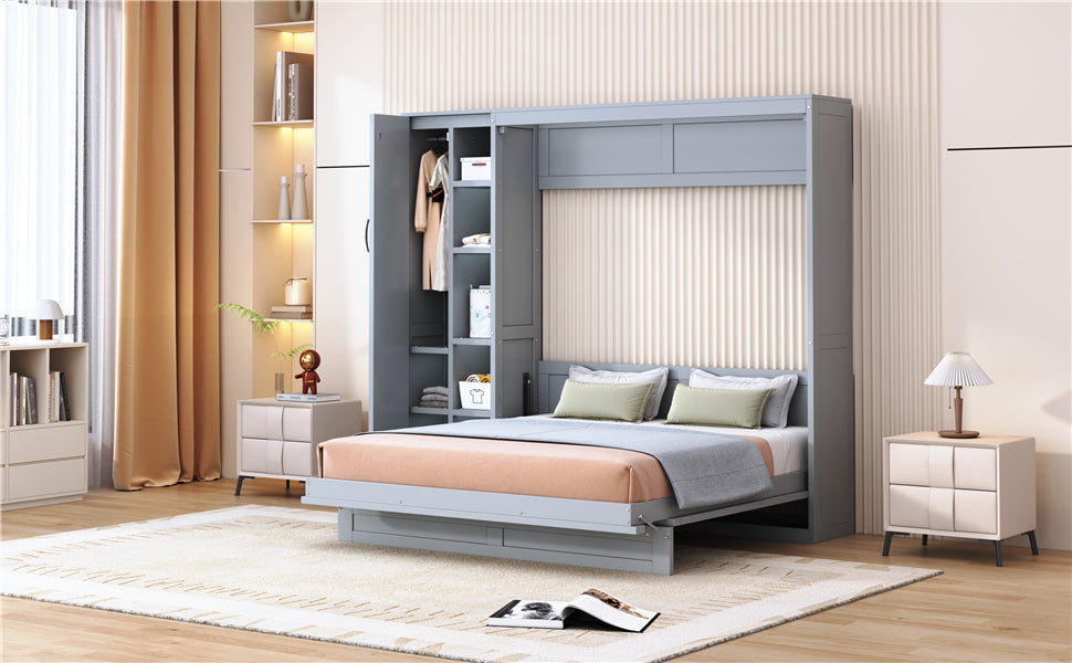 Queen Size Murphy Bed Wall Bed with Shelves, Wardrobe and LED Lights, Gray