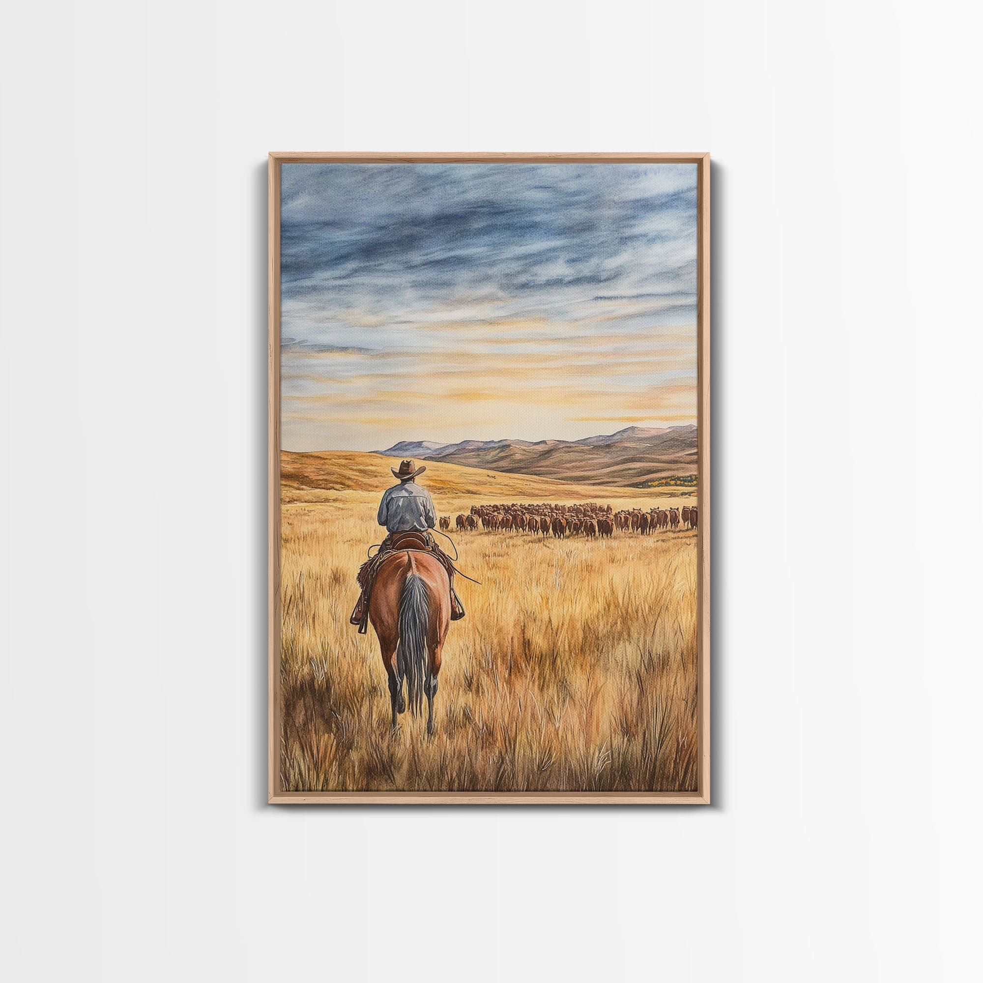 Cowboy & Cattle Framed Canvas – Western Rustic Wall Art