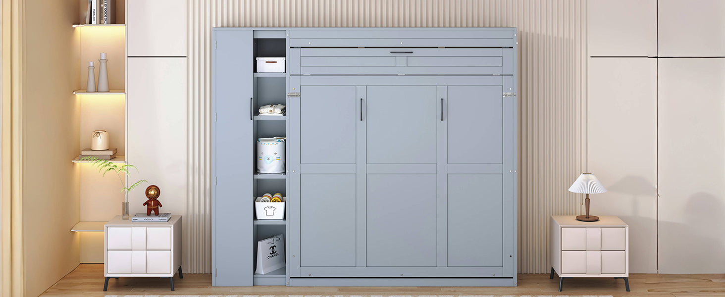 Queen Size Murphy Bed Wall Bed with Shelves, Wardrobe and LED Lights, Gray