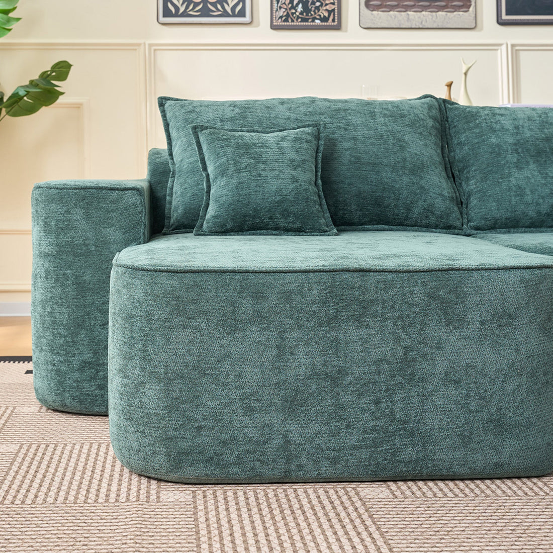 Modern Green Chenille L Shaped Sectional Sofa with Chaise