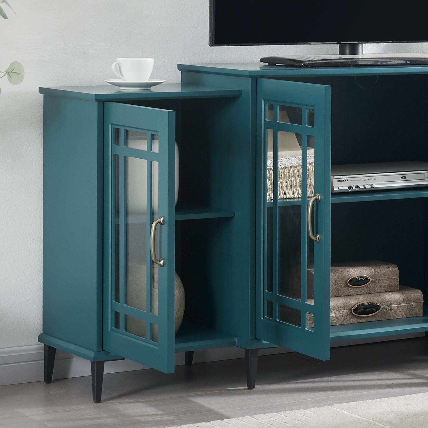 62' TV Stand, Buffet Sideboard Cabinet, Teal Blue