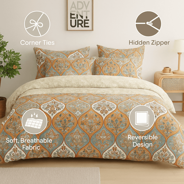 Bohemian Reversible Duvet Cover Set – Coral & Teal Floral Paisley