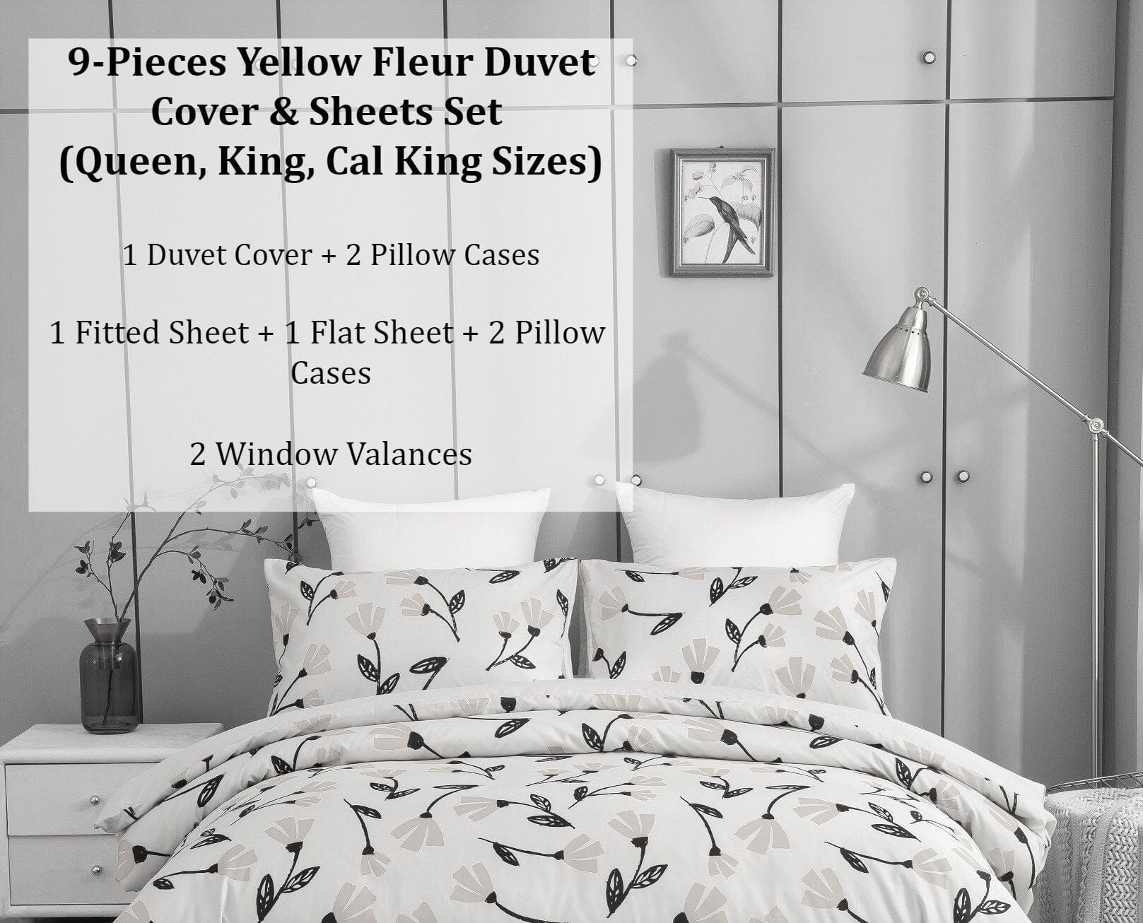 Yellow Fleur Botanical Bedding Set – Duvet, Sheets & Pillowcases (18112)