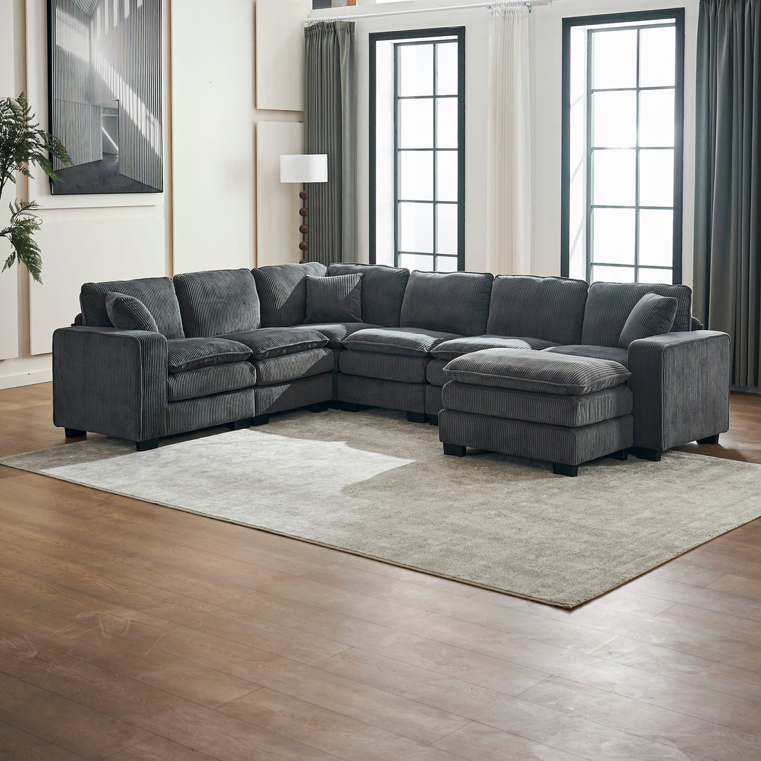 Modern U Shaped 6-Seat Sectional Sofa Couch with Ottoman