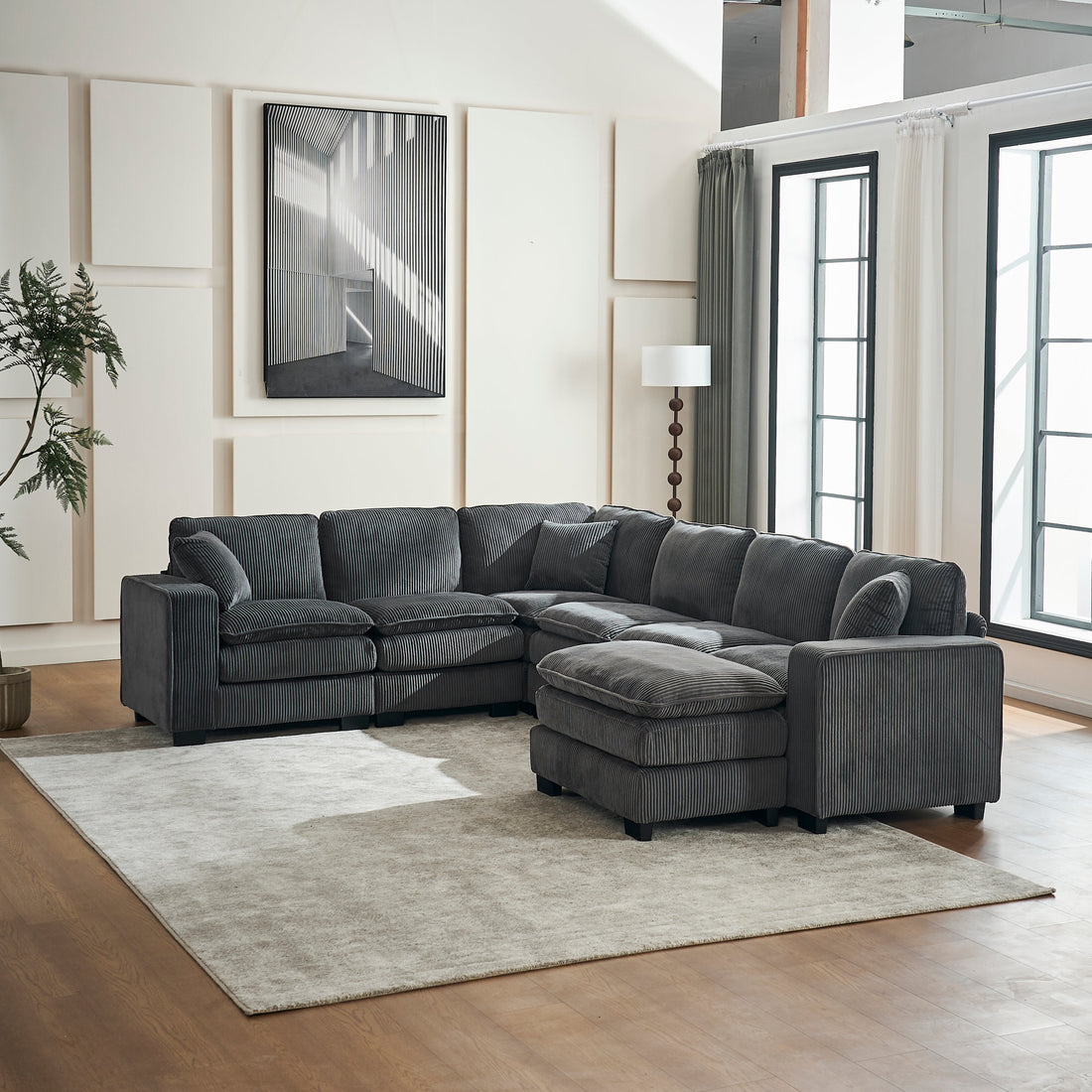 Modern U Shaped 6-Seat Sectional Sofa Couch with Ottoman
