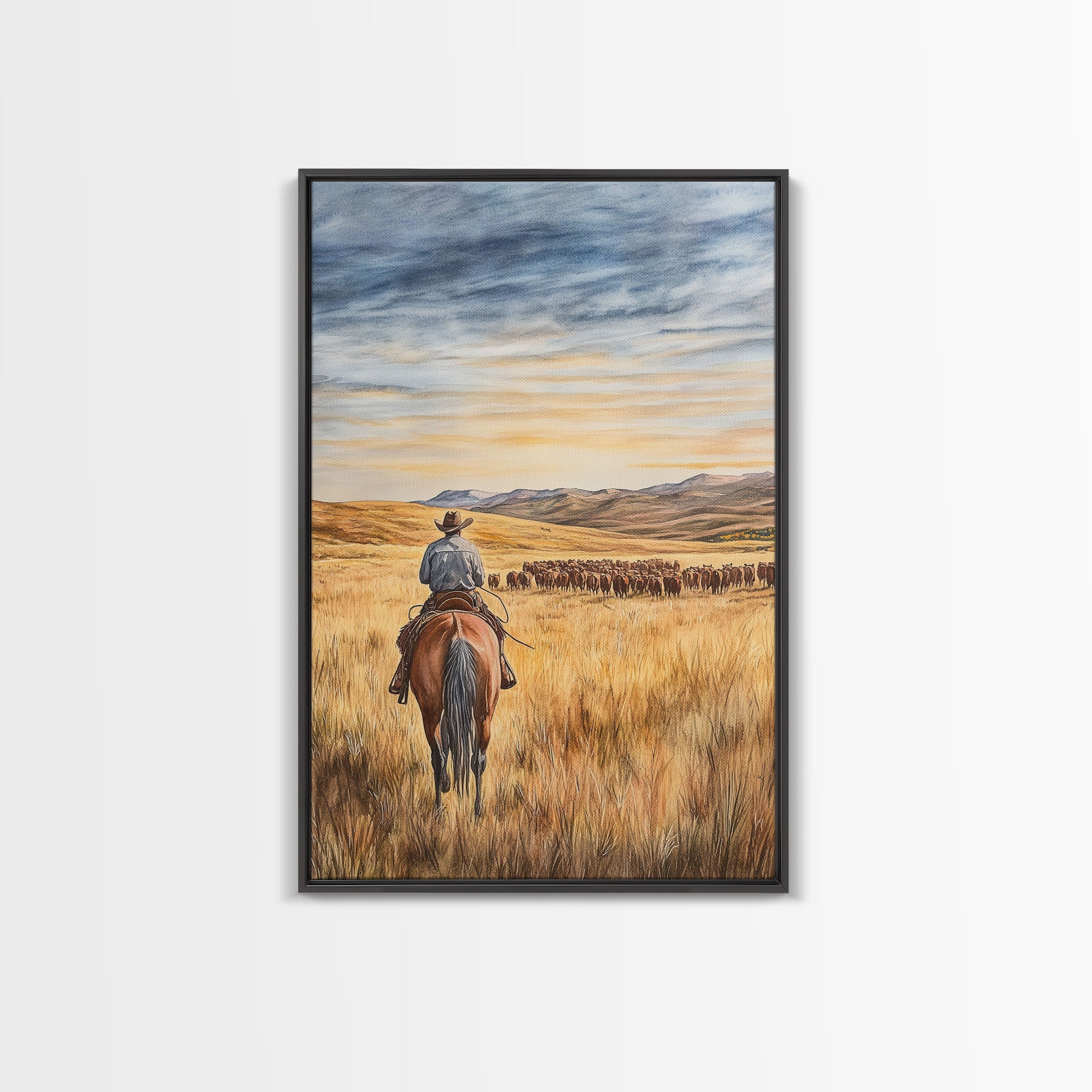 Cowboy & Cattle Framed Canvas – Western Rustic Wall Art