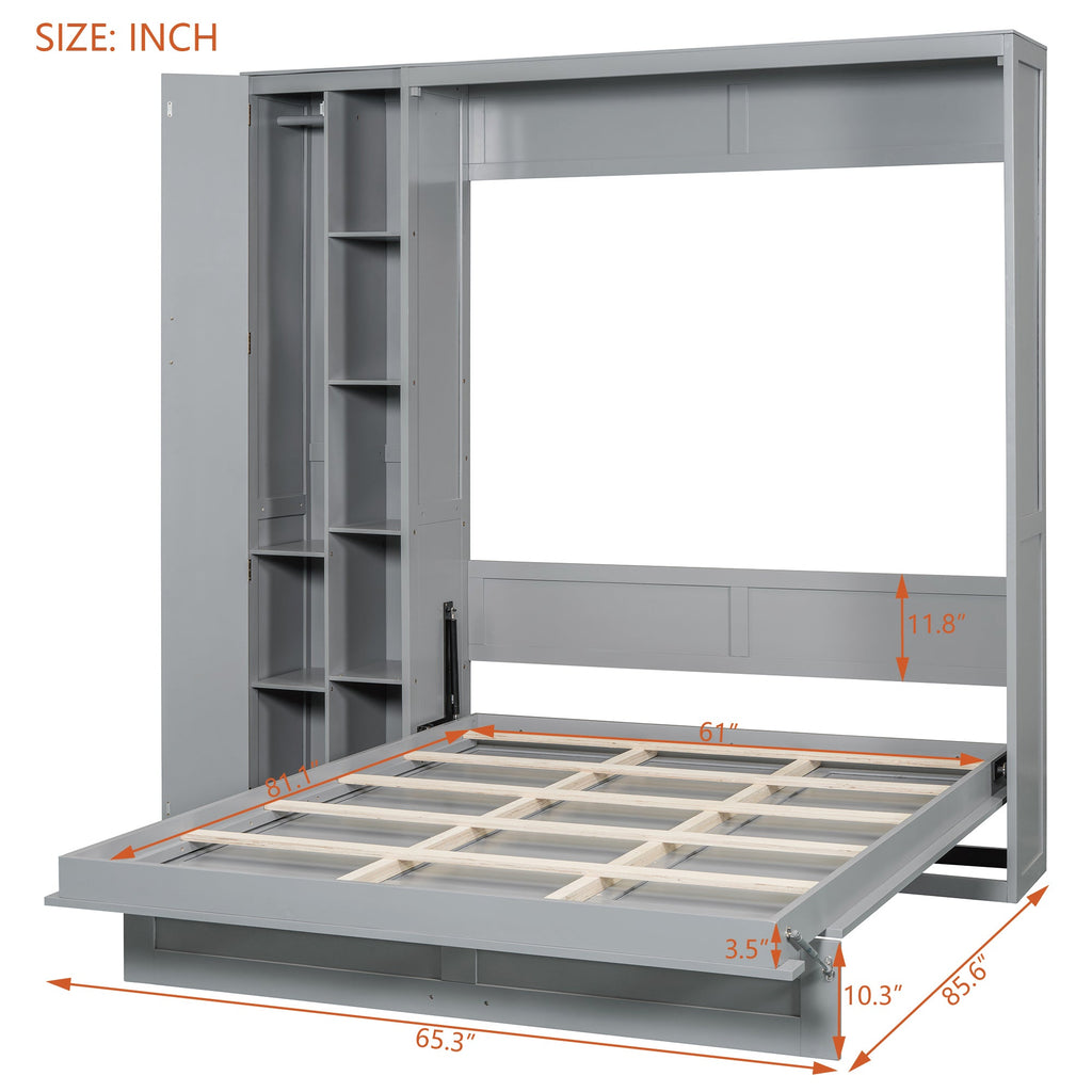 Queen Size Murphy Bed Wall Bed with Shelves, Wardrobe and LED Lights, Gray