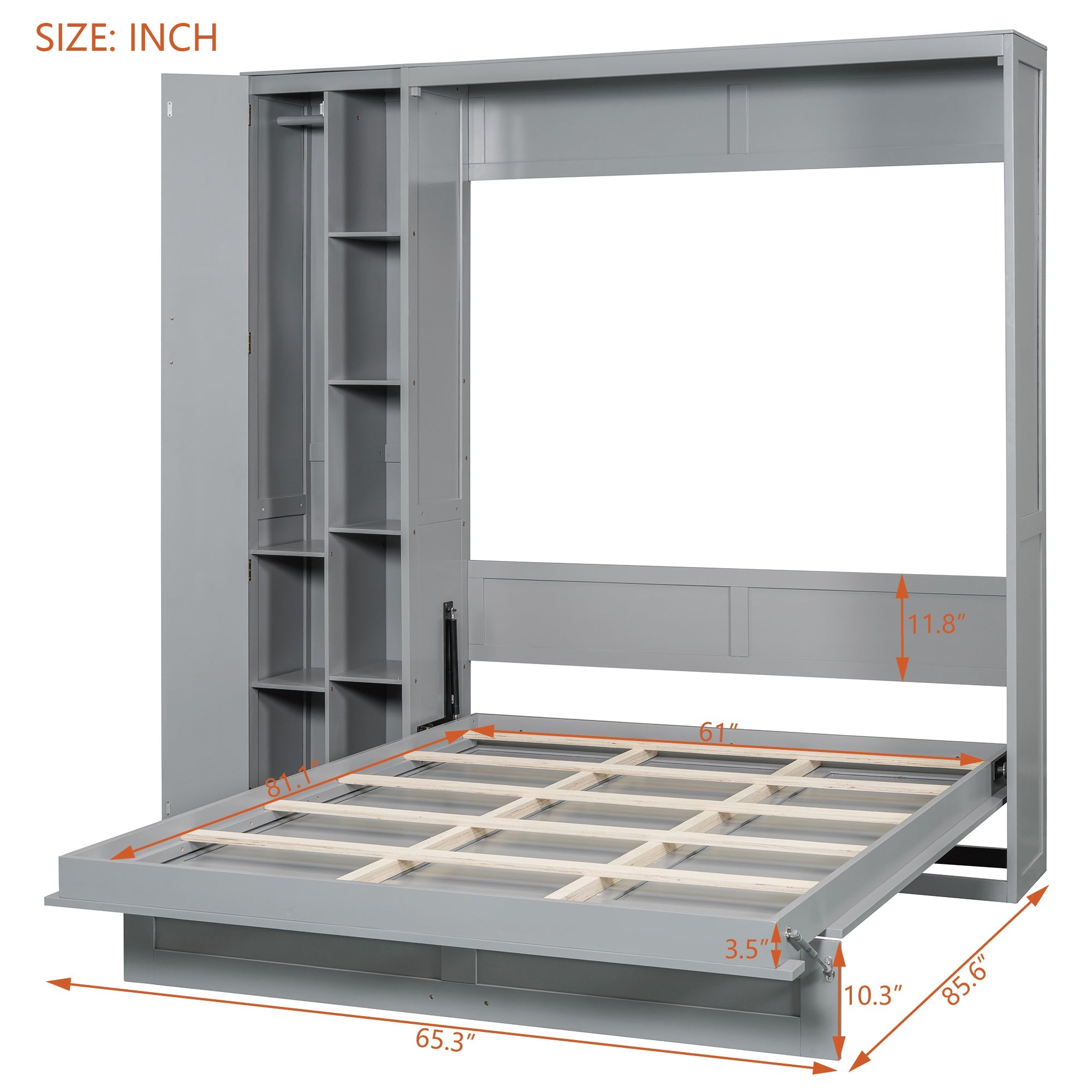 Queen Size Murphy Bed Wall Bed with Shelves, Wardrobe and LED Lights, Gray