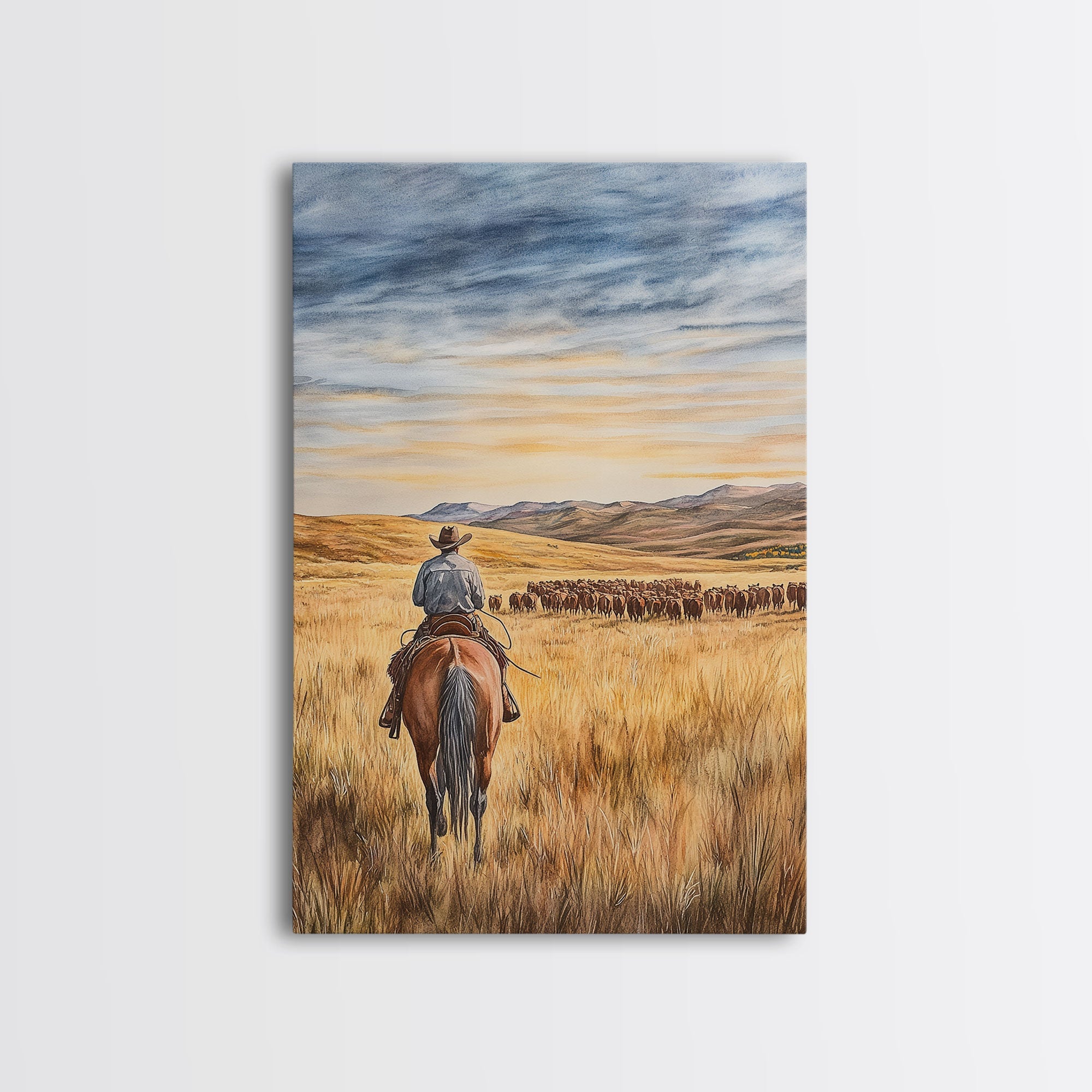 Cowboy & Cattle Framed Canvas – Western Rustic Wall Art
