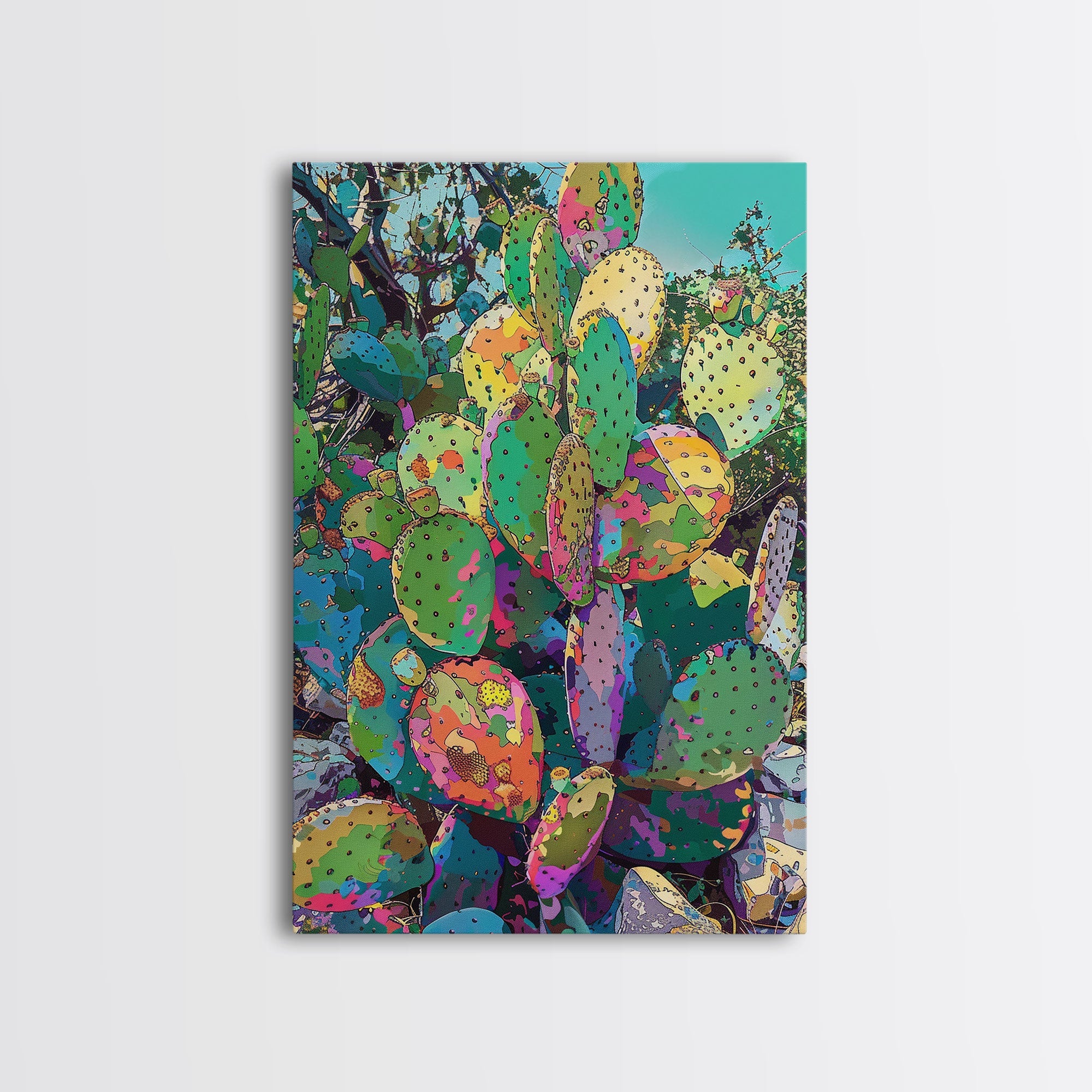 Prickly Pear Cactus Abstract Canvas – Colorful Desert Wall Art