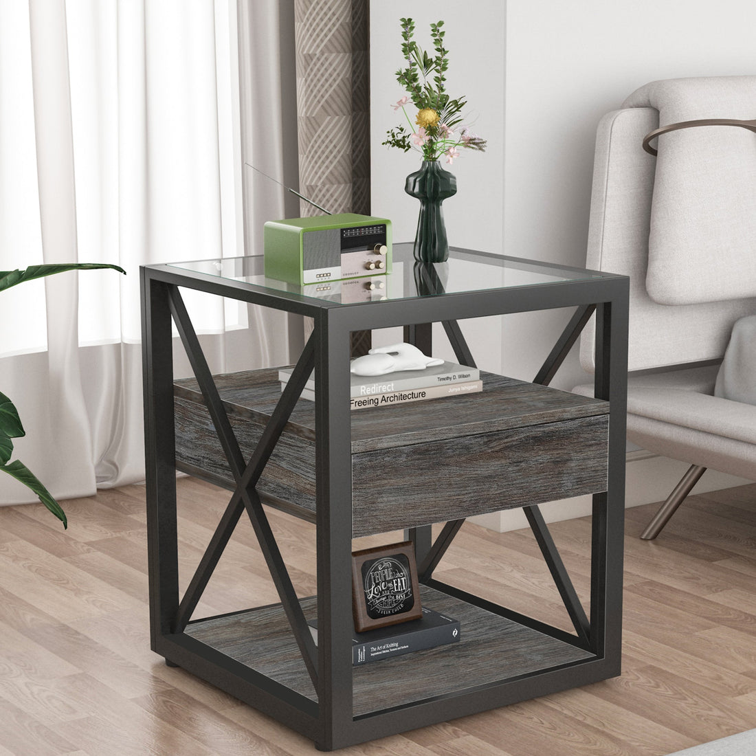 Set of 2 Modern End Tables with Drawer - Nightstand