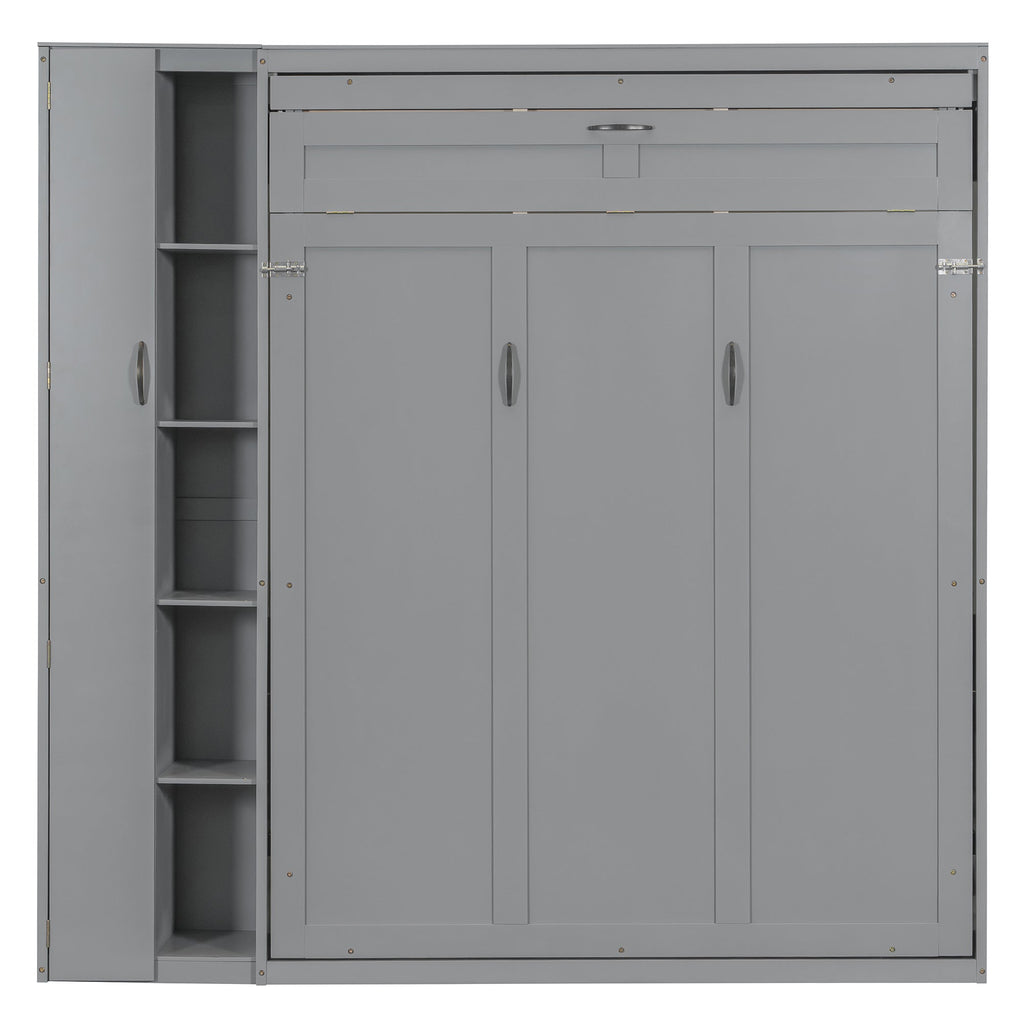 Queen Size Murphy Bed Wall Bed with Shelves, Wardrobe and LED Lights, Gray
