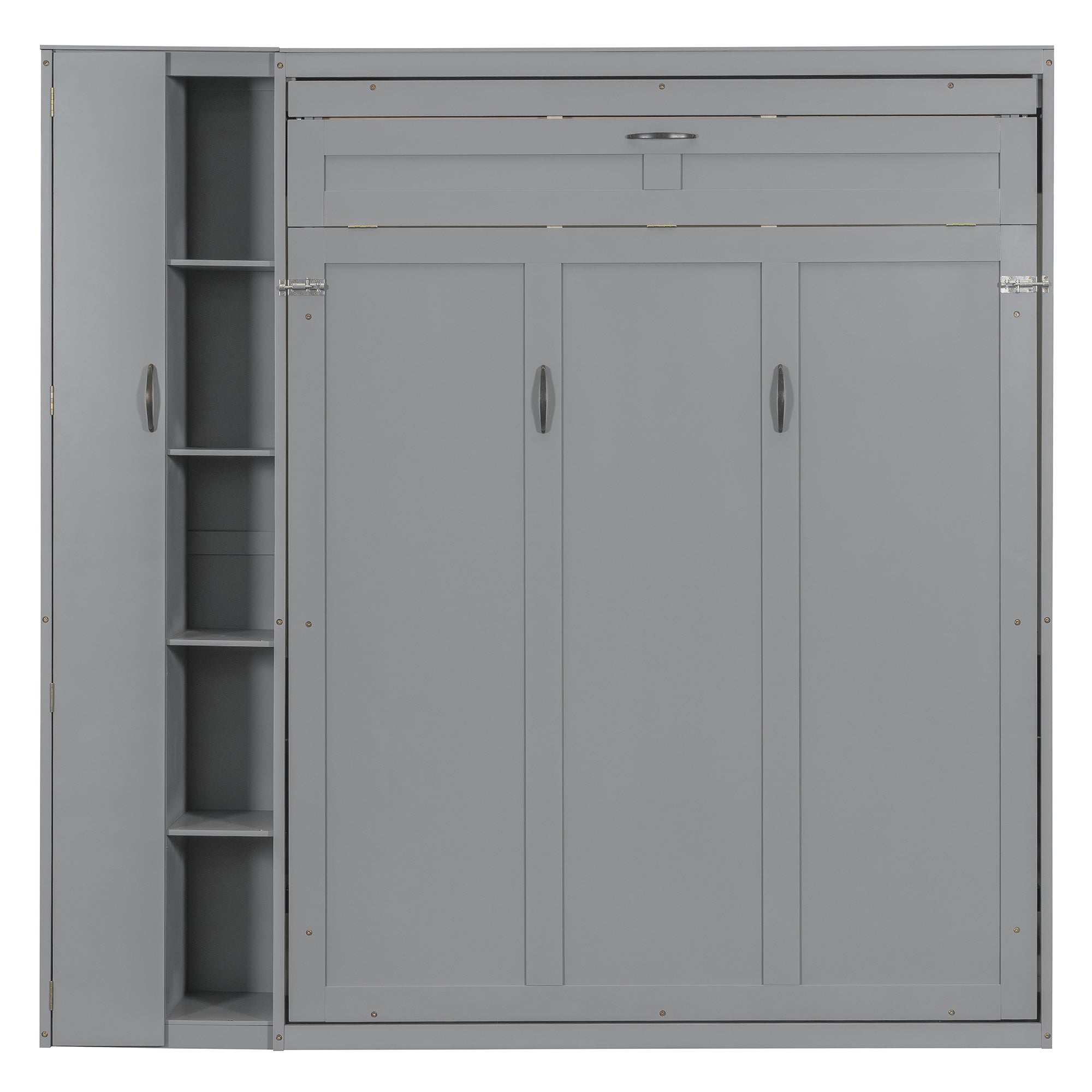 Queen Size Murphy Bed Wall Bed with Shelves, Wardrobe and LED Lights, Gray