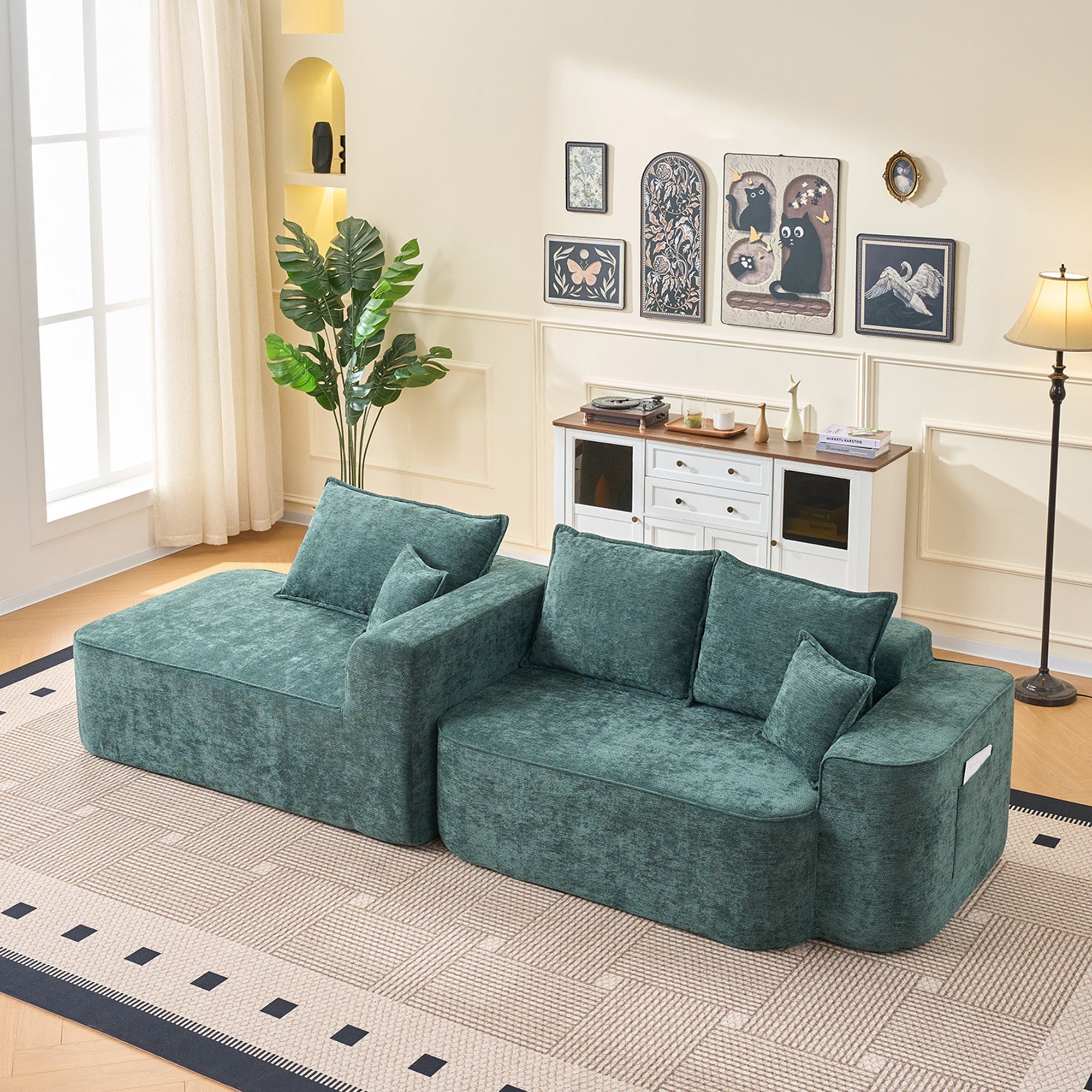 Modern Green Chenille L Shaped Sectional Sofa with Chaise