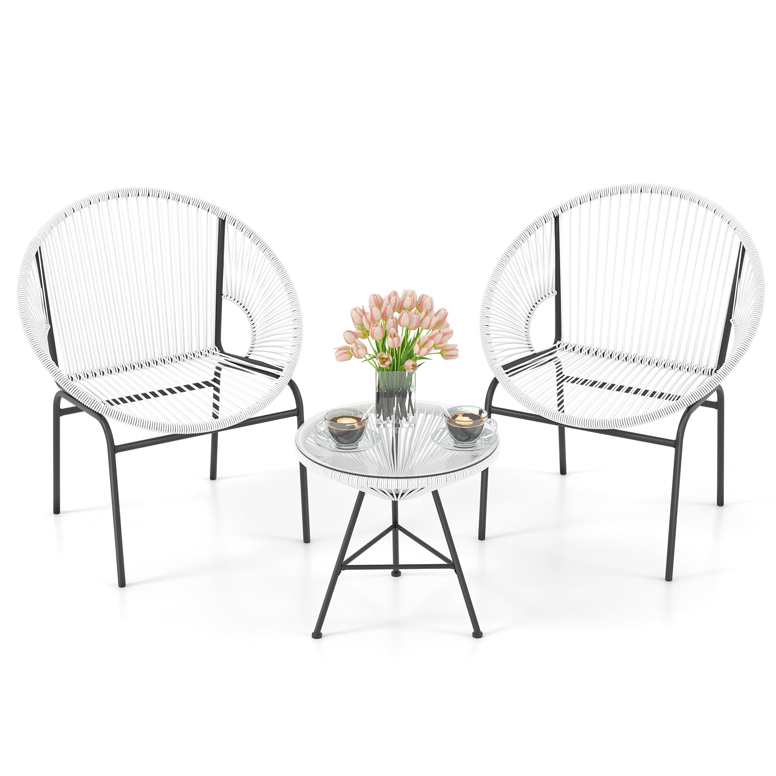 3 Pieces Patio Acapulco Furniture Bistro Set with Glass Table-White