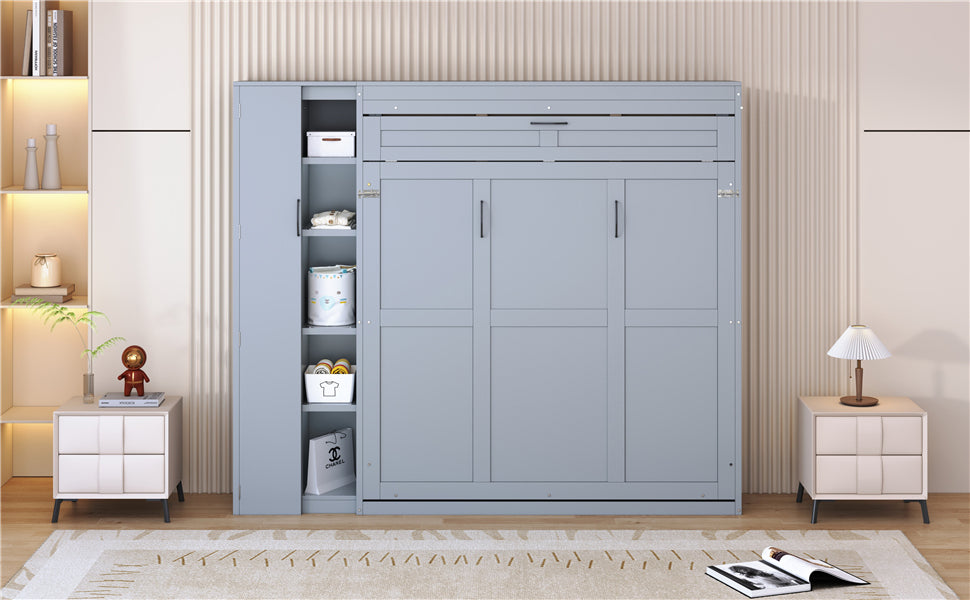 Queen Size Murphy Bed Wall Bed with Shelves, Wardrobe and LED Lights, Gray