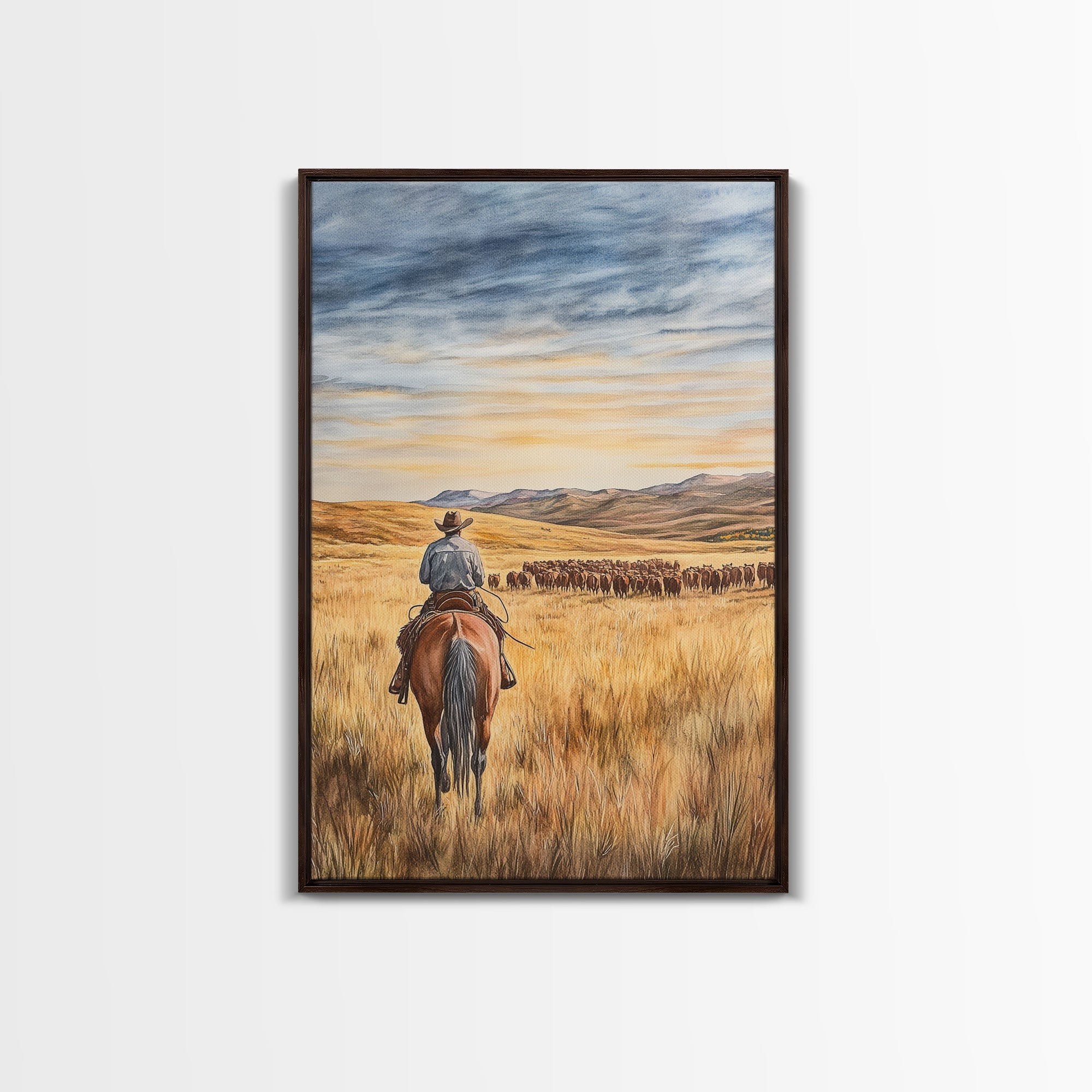 Cowboy & Cattle Framed Canvas – Western Rustic Wall Art