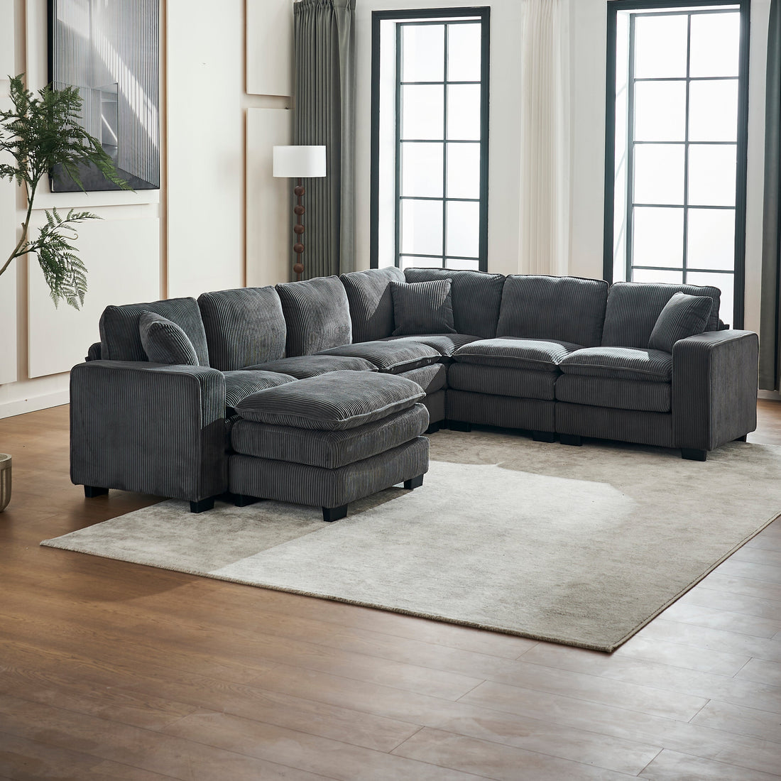 Modern U Shaped 6-Seat Sectional Sofa Couch with Ottoman