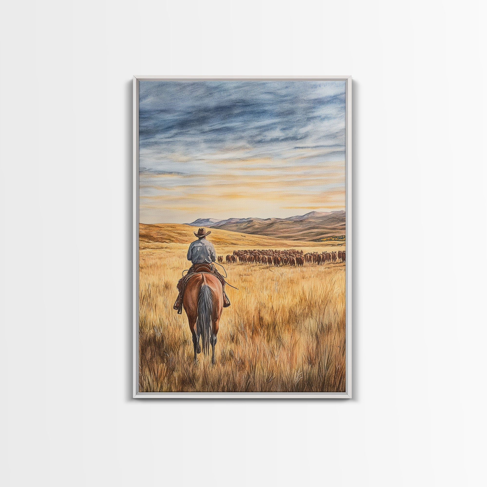 Cowboy & Cattle Framed Canvas – Western Rustic Wall Art