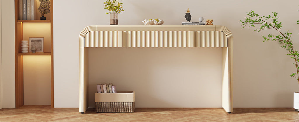 Entrance way tables, your 1st impression and convenience at hand. Modern Console Table with 2 Storage Drawers, Fluted Entryway Table with Rounded Silhouette for Hallway Living Room and Entryway (Apricot Cream)