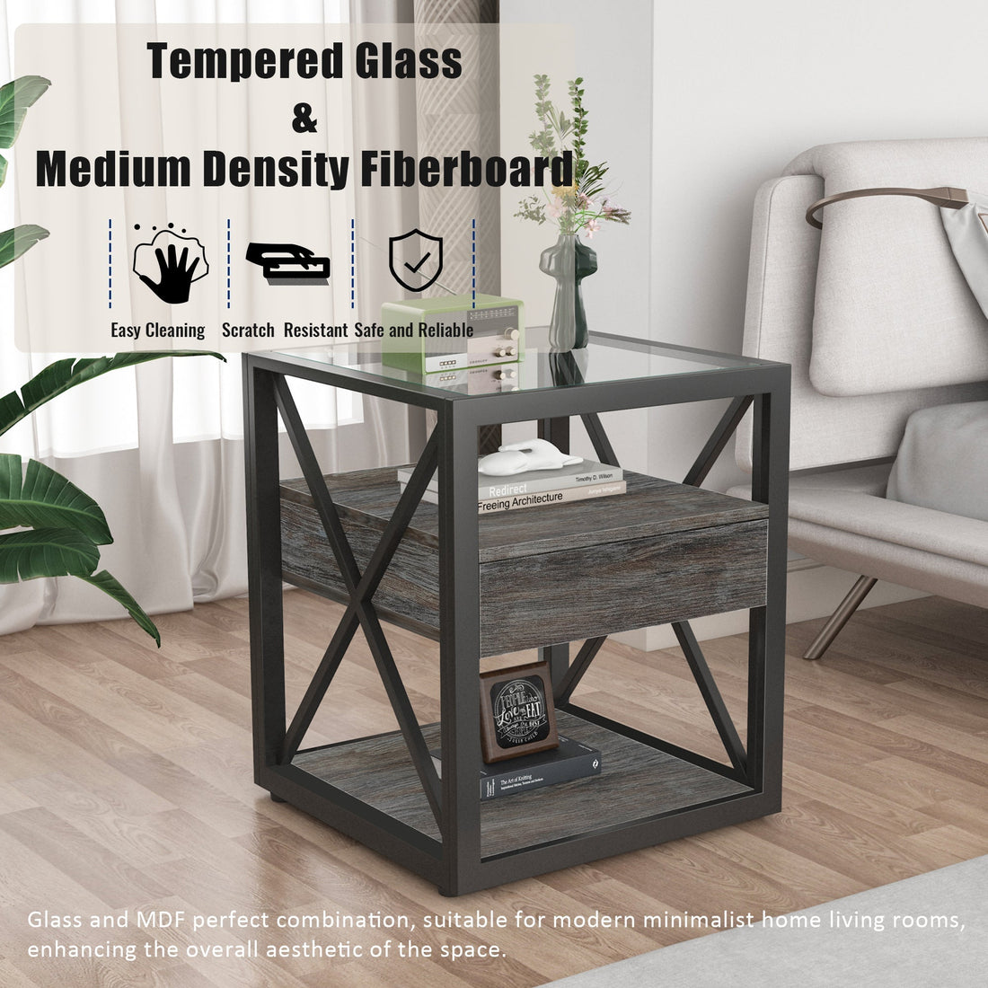Set of 2 Modern End Tables with Drawer - Nightstand