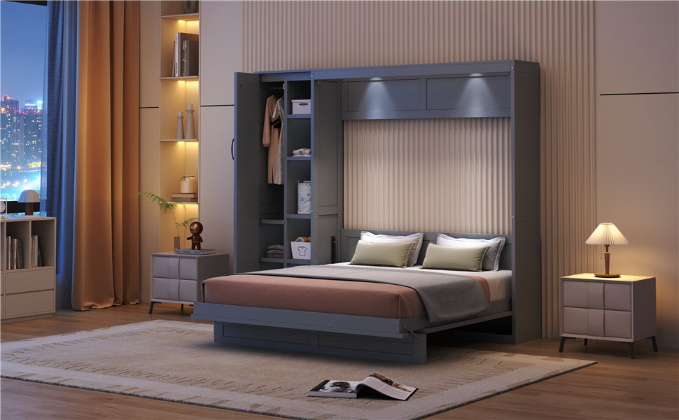 Queen Size Murphy Bed Wall Bed with Shelves, Wardrobe and LED Lights, Gray