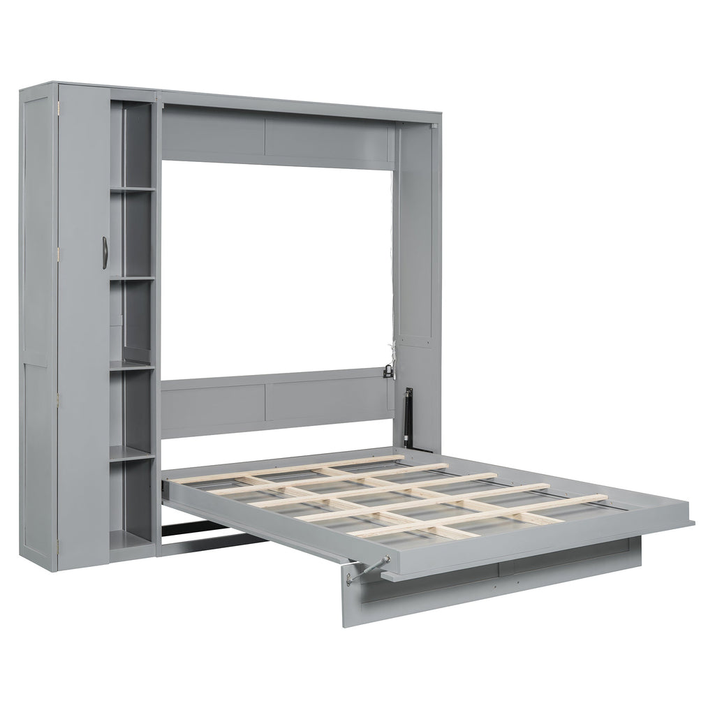 Queen Size Murphy Bed Wall Bed with Shelves, Wardrobe and LED Lights, Gray