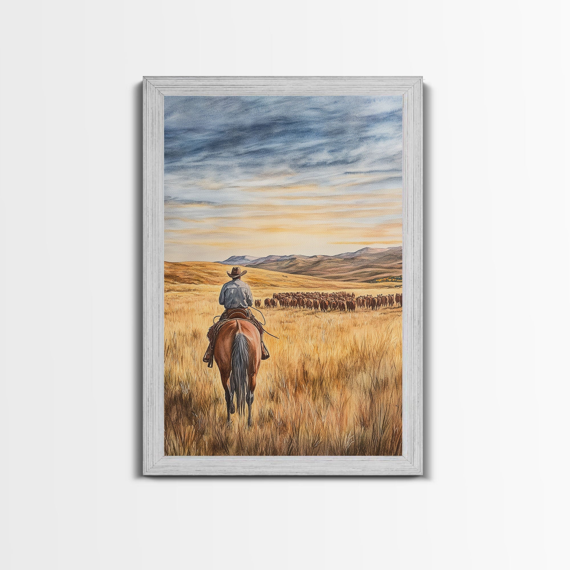 Cowboy & Cattle Framed Canvas – Western Rustic Wall Art
