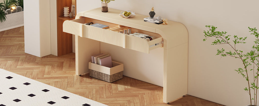 Entrance way tables, your 1st impression and convenience at hand. Modern Console Table with 2 Storage Drawers, Fluted Entryway Table with Rounded Silhouette for Hallway Living Room and Entryway (Apricot Cream)