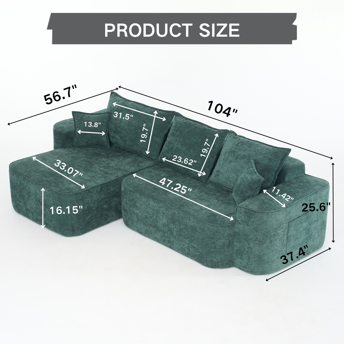 Modern Green Chenille L Shaped Sectional Sofa with Chaise