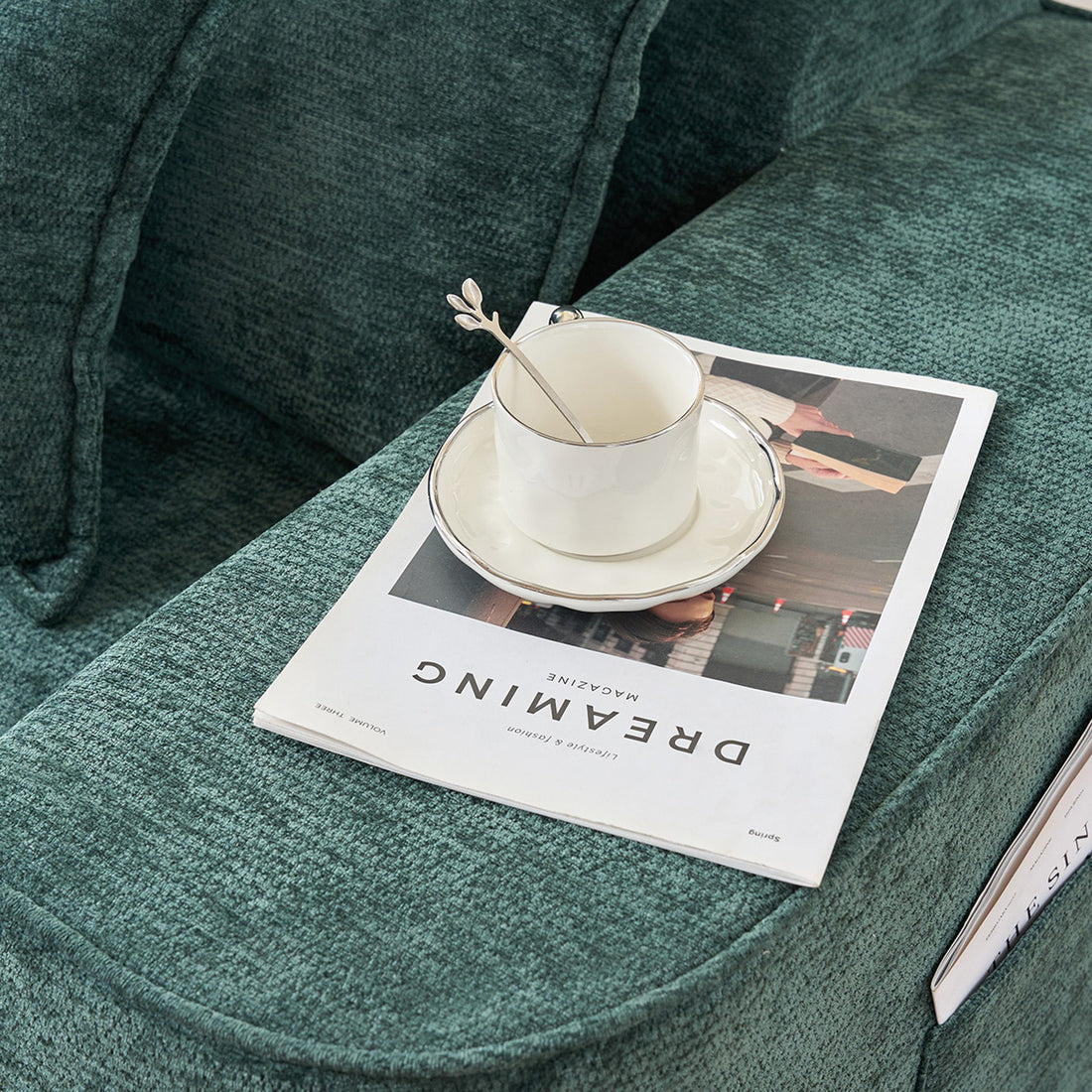 Modern Green Chenille L Shaped Sectional Sofa with Chaise