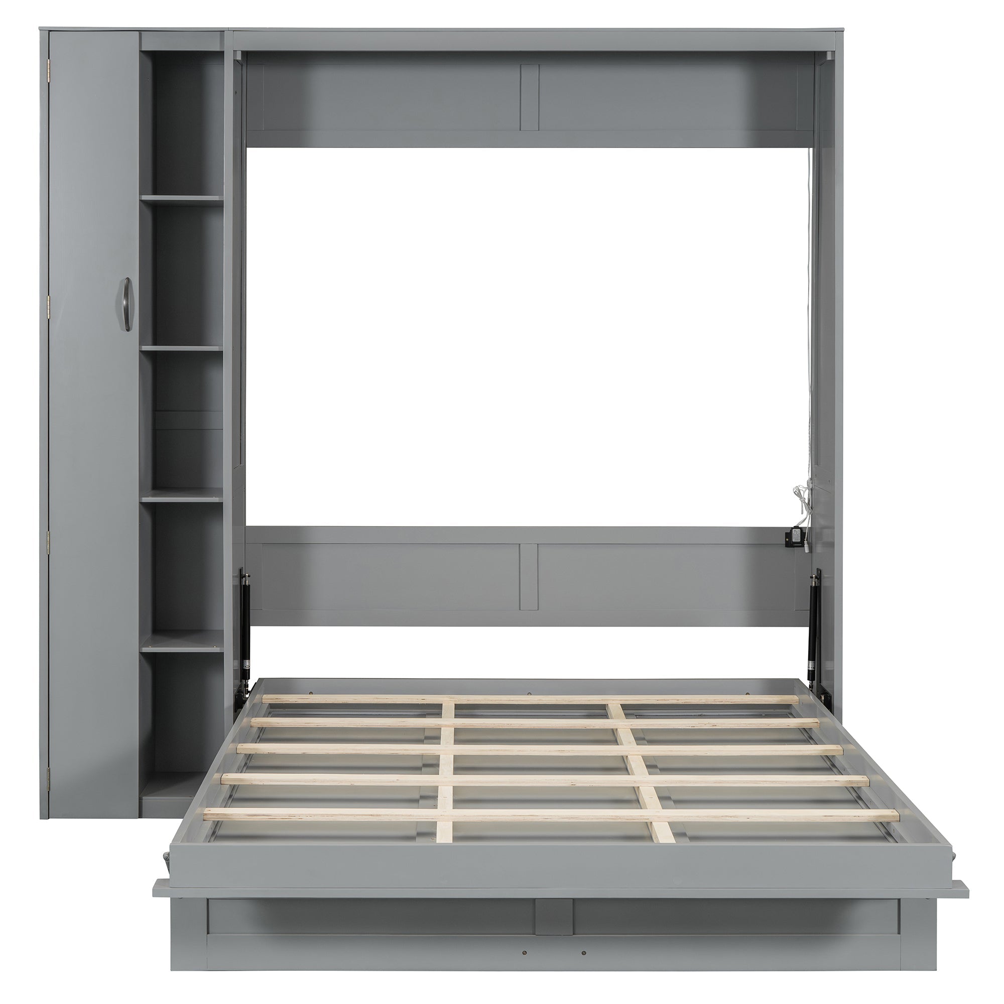 Queen Size Murphy Bed Wall Bed with Shelves, Wardrobe and LED Lights, Gray