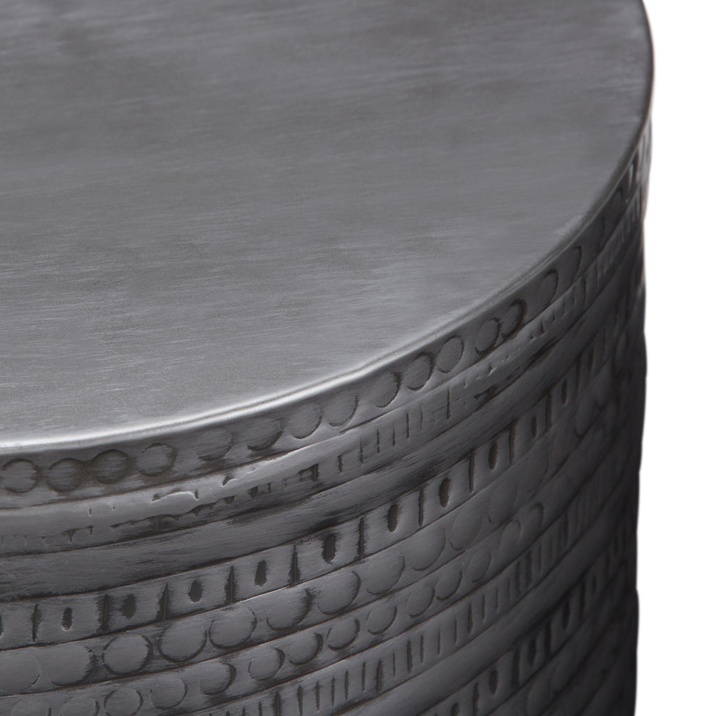 Johnsen 15 Inch Wide Tribal Pattern Metal Accent Table in Antique Silver