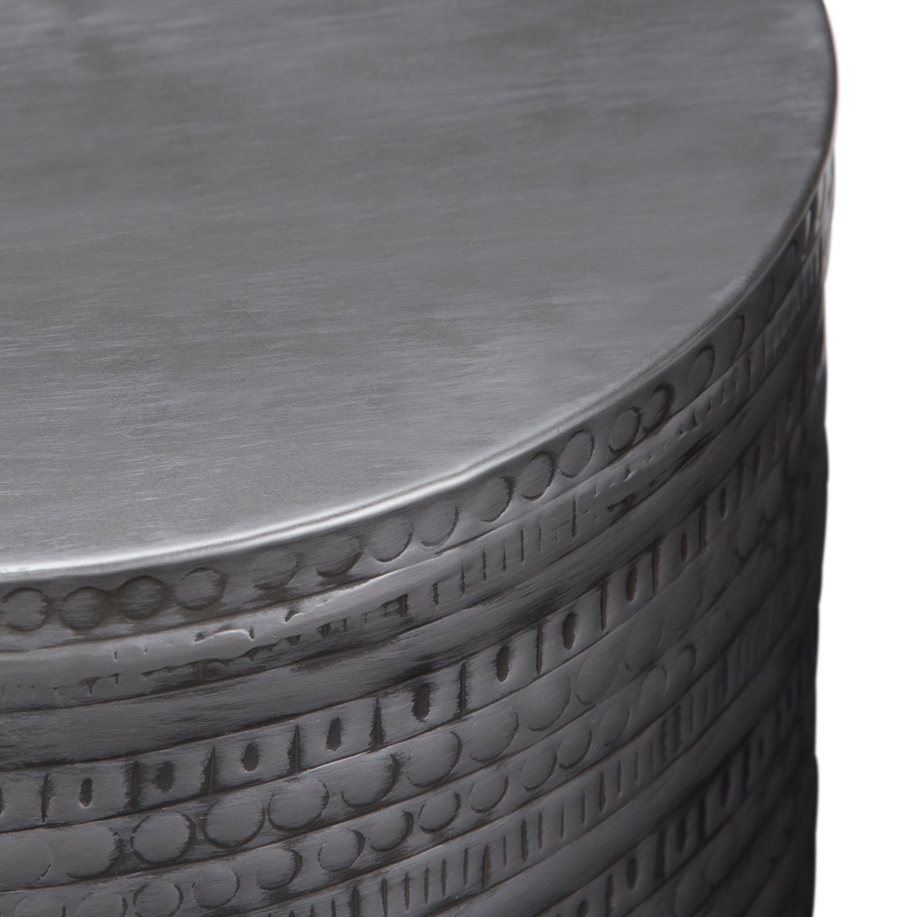 Johnsen 15 Inch Wide Tribal Pattern Metal Accent Table in Antique Silver