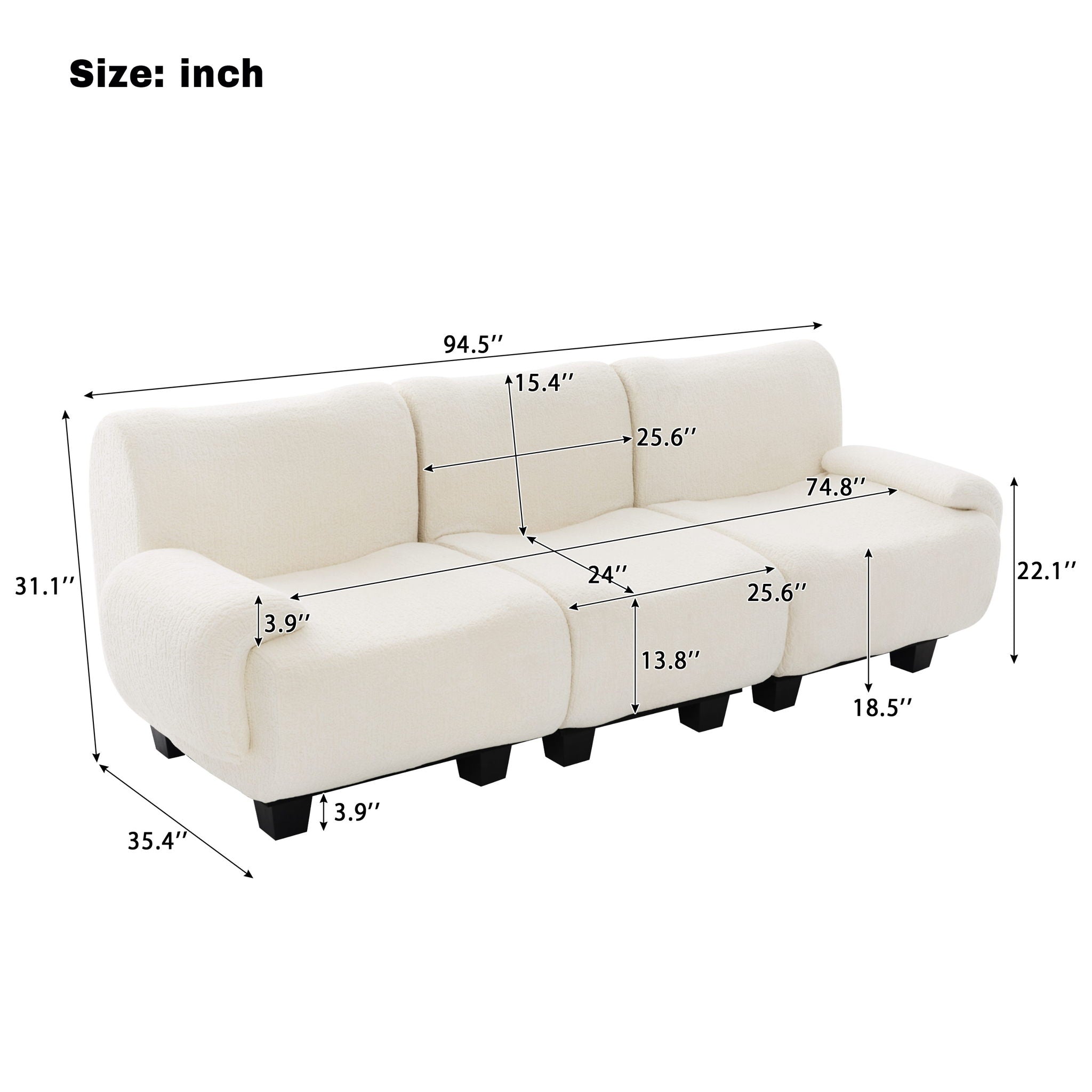 3 Seater Sofa Couch With Curved Armrests