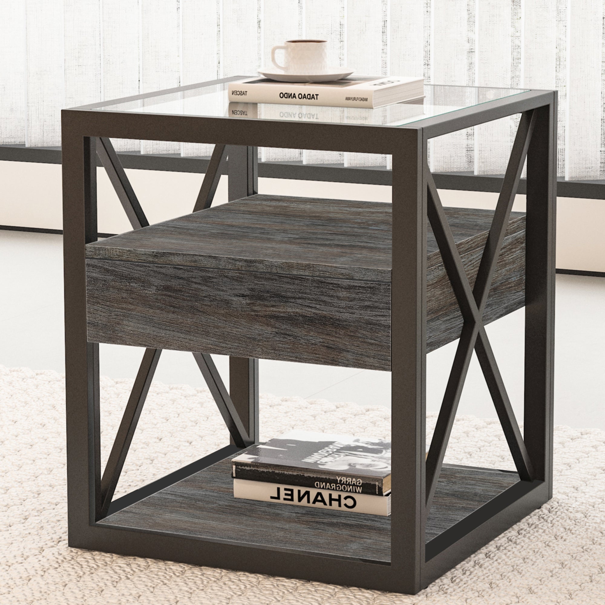 Set of 2 Modern End Tables with Drawer - Nightstand