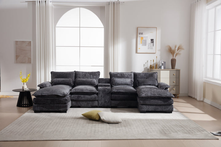 Modern U-Shaped Sofa with Console & USB – 6-Seater Gray