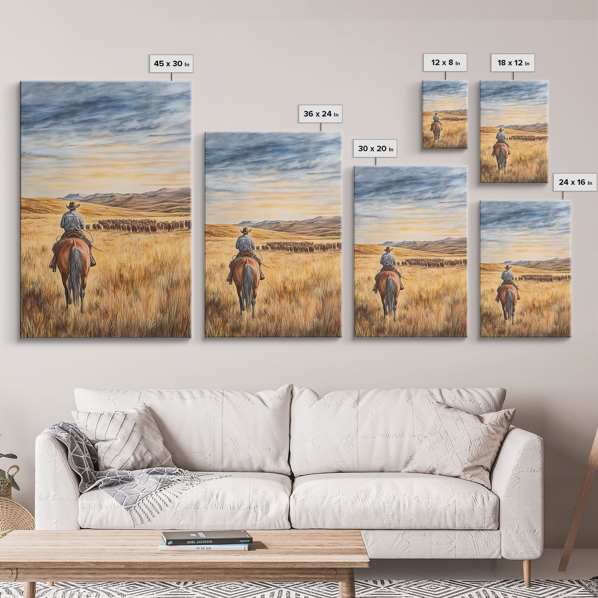 Cowboy & Cattle Framed Canvas – Western Rustic Wall Art