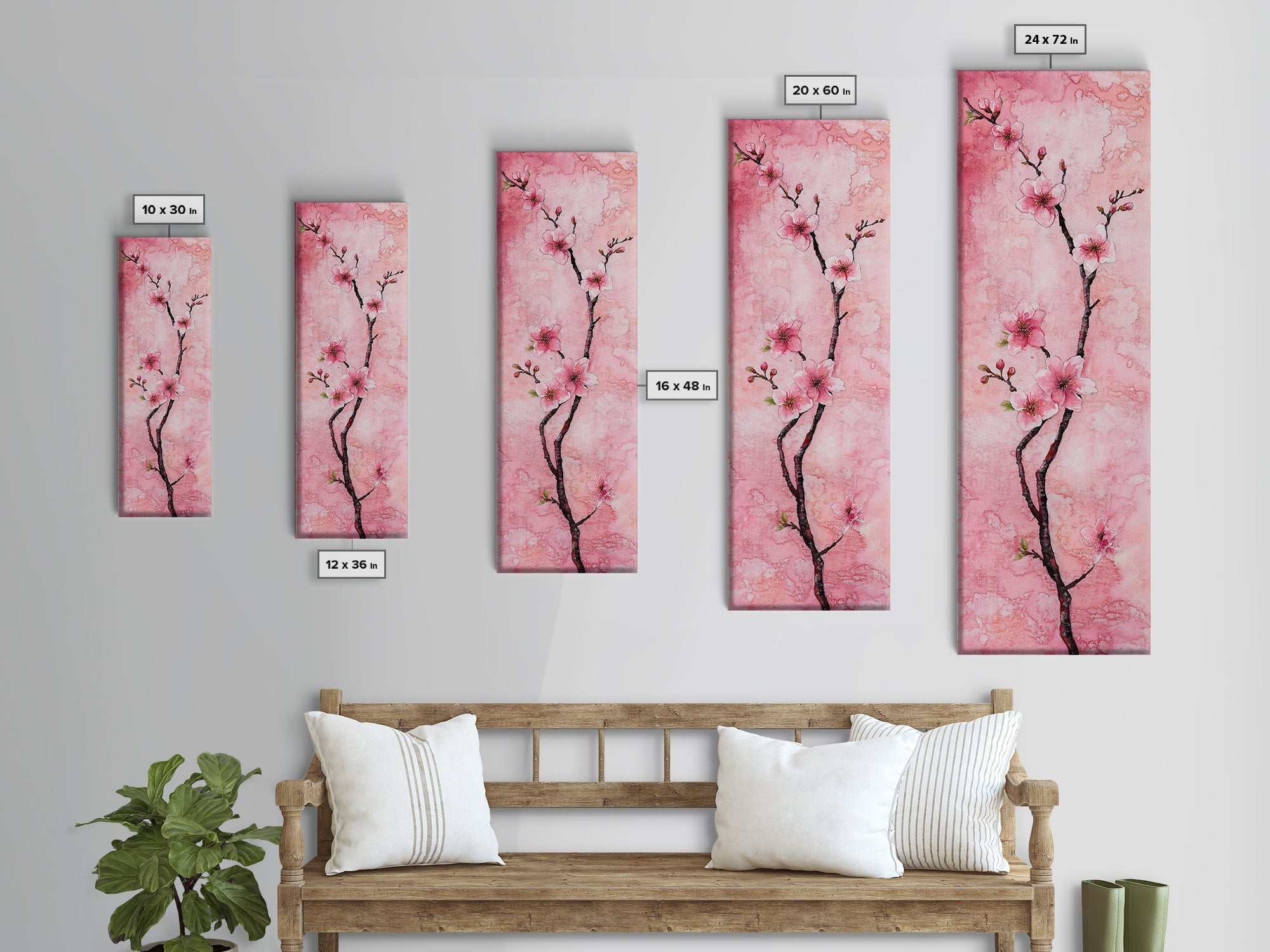 Cherry Blossom Canvas Print Vertical Wall Art Rustic Spring Decor Light Pink Botanical Cottagecore Bedroom Gift Idea Skinny Wall Art