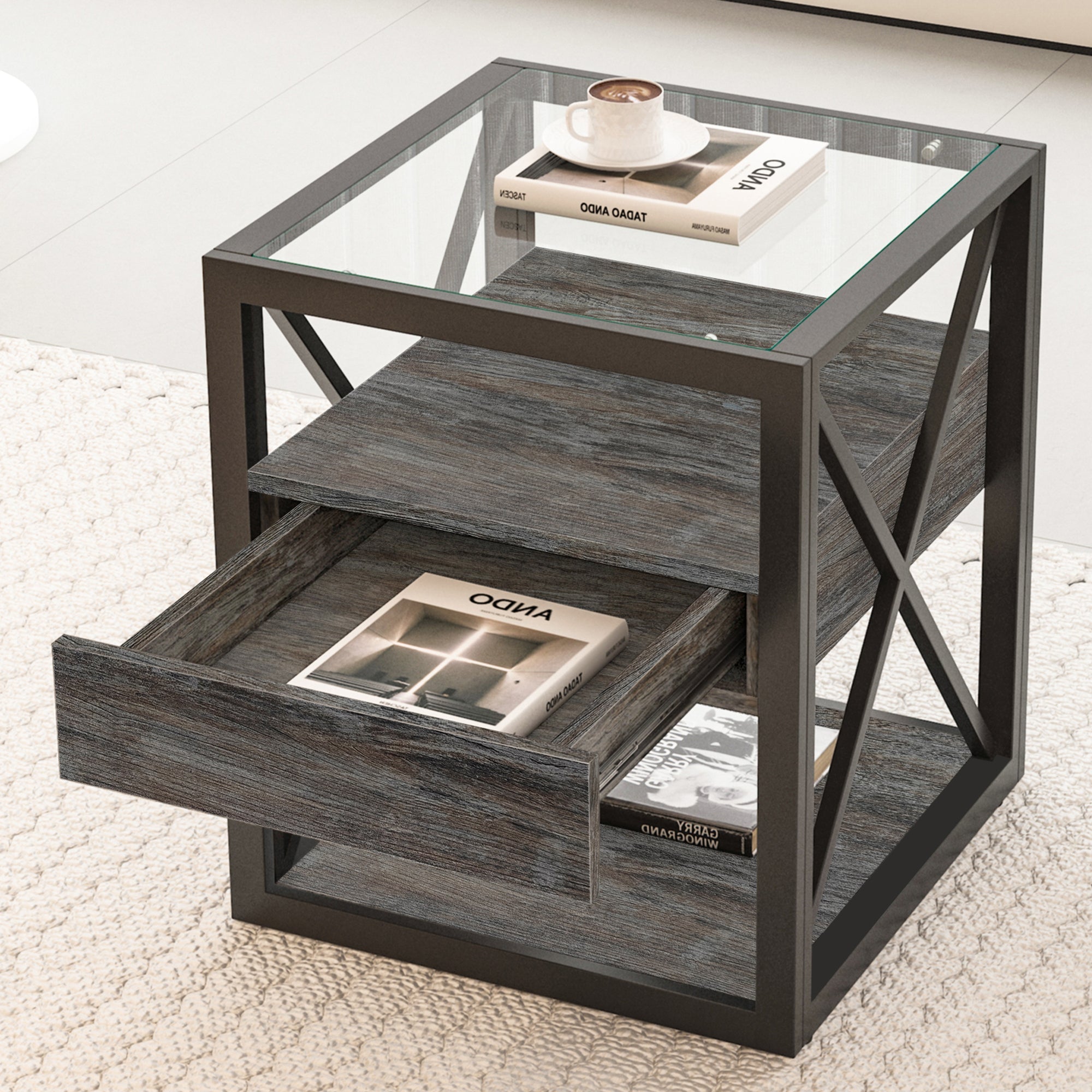 Set of 2 Modern End Tables with Drawer - Nightstand