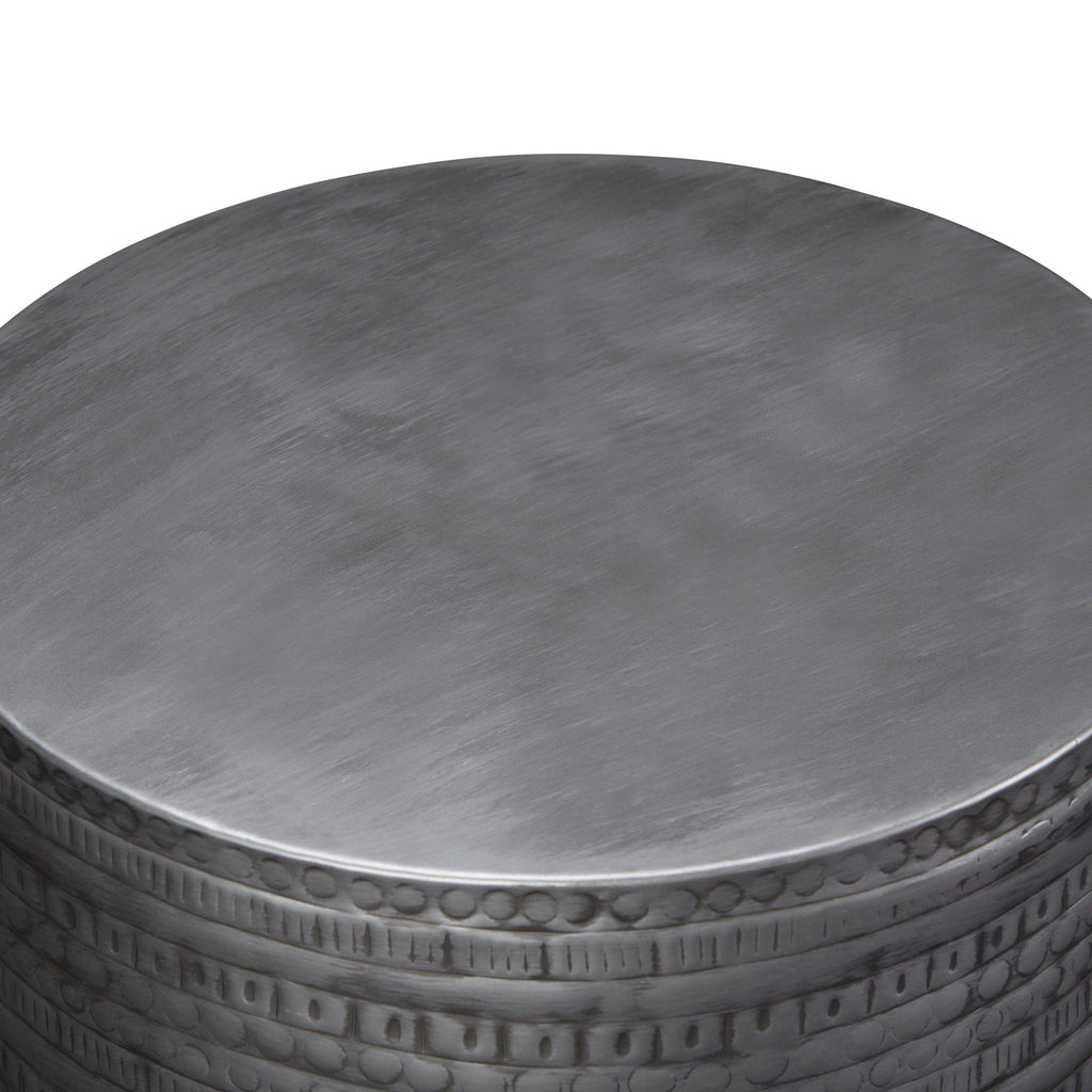Johnsen 15 Inch Wide Tribal Pattern Metal Accent Table in Antique Silver