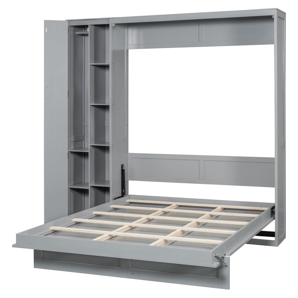 Queen Size Murphy Bed Wall Bed with Shelves, Wardrobe and LED Lights, Gray