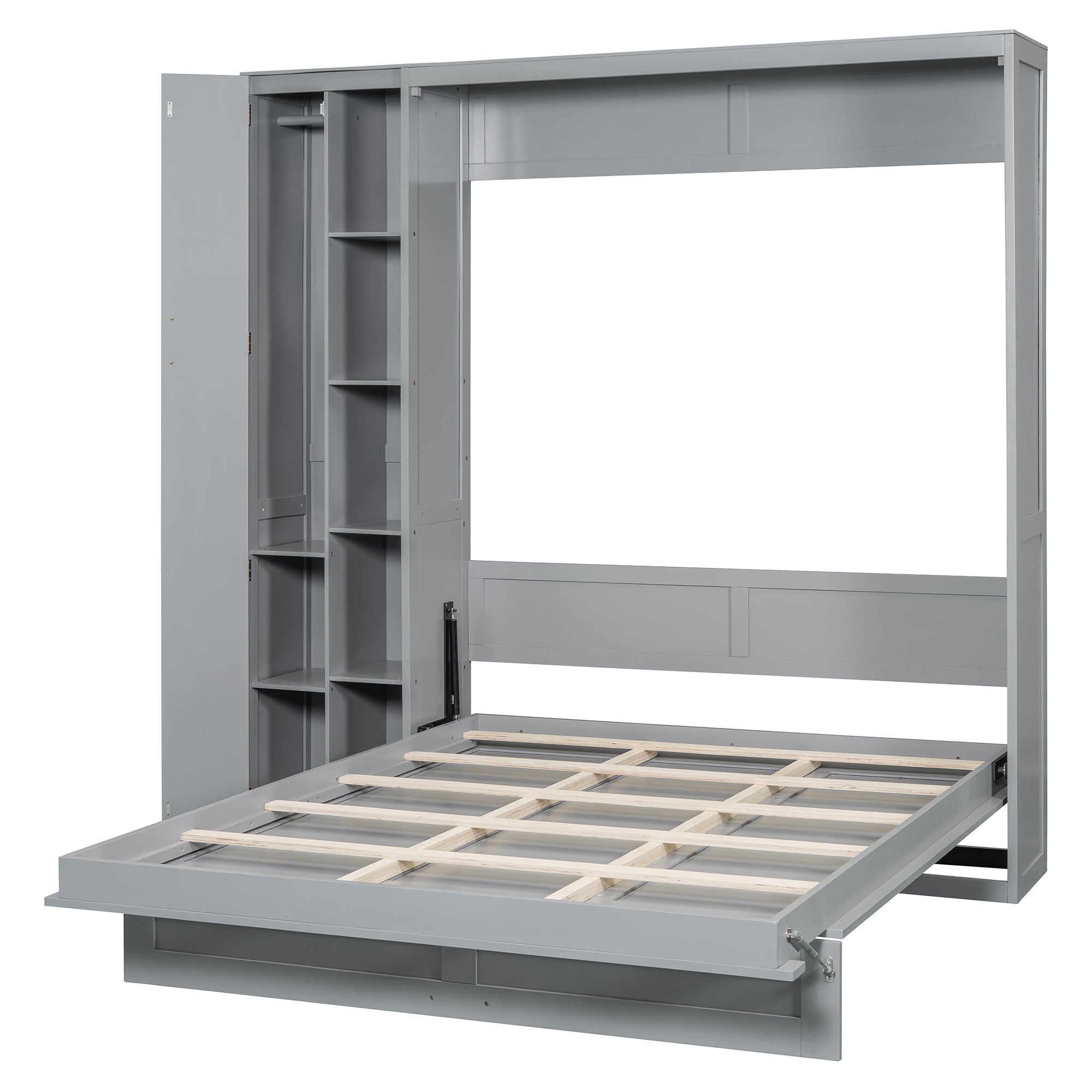 Queen Size Murphy Bed Wall Bed with Shelves, Wardrobe and LED Lights, Gray