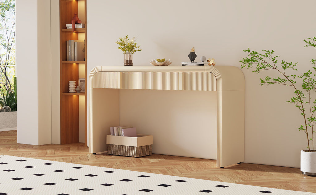 Entrance way tables, your 1st impression and convenience at hand. Modern Console Table with 2 Storage Drawers, Fluted Entryway Table with Rounded Silhouette for Hallway Living Room and Entryway (Apricot Cream)
