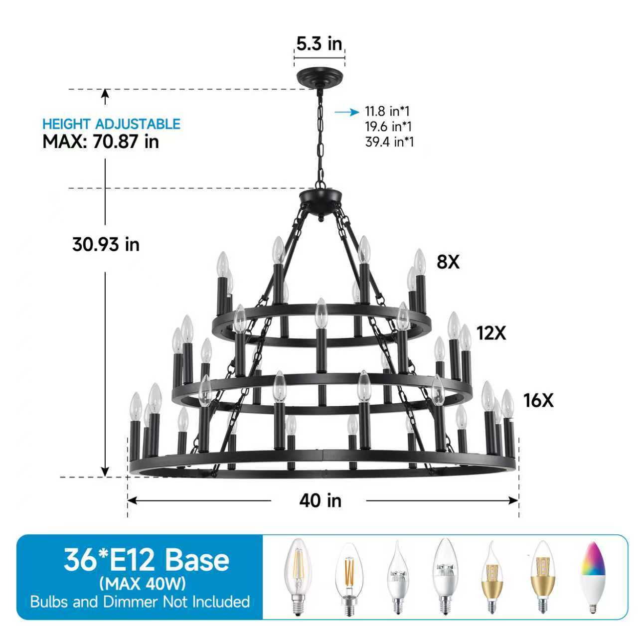 39.37 Inch 3-Tiers Wagon Wheel Chandelier