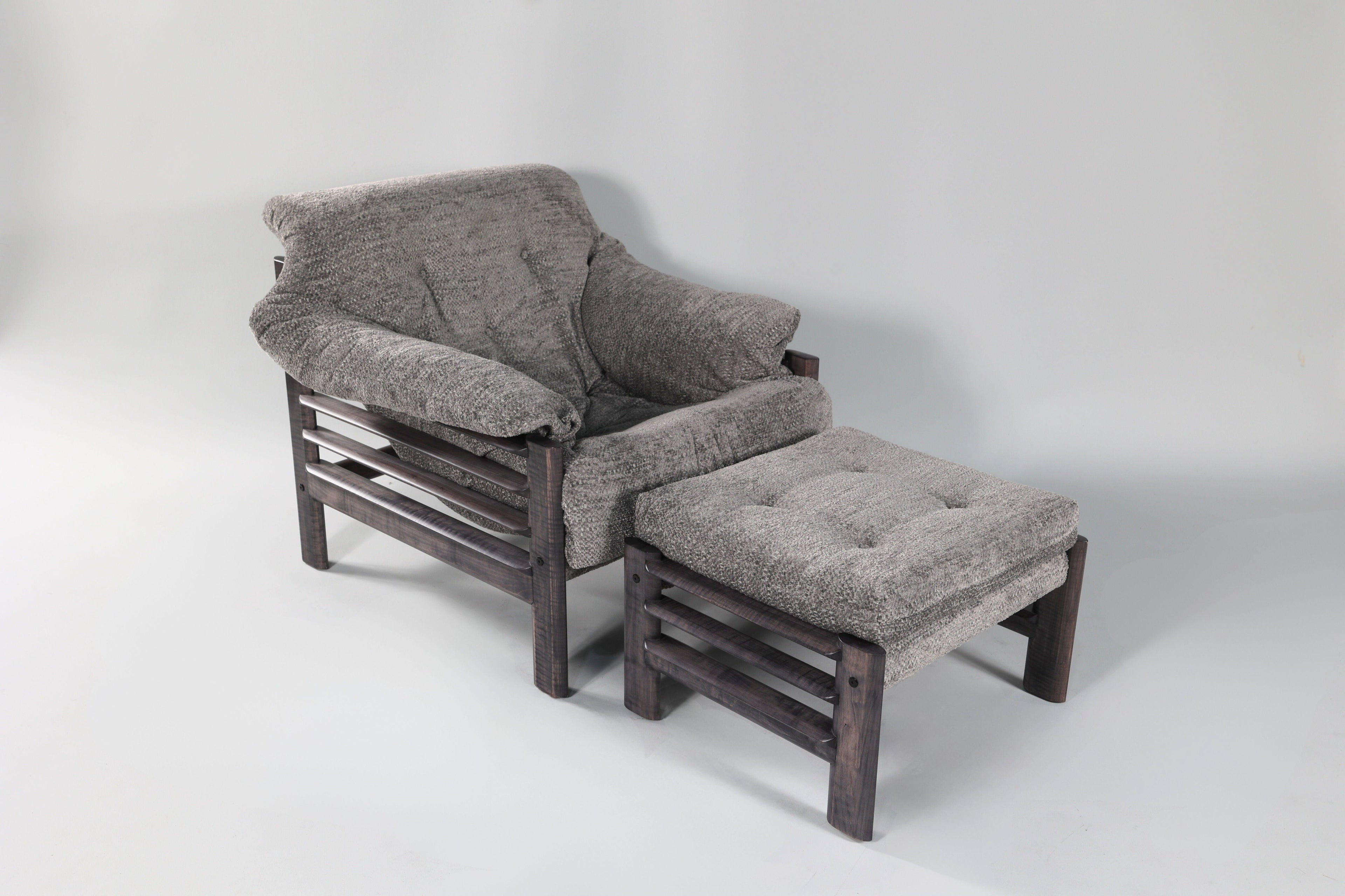 Chair & Ottoman – Oswalt Sterling with Tiger Maple Arms (Black)