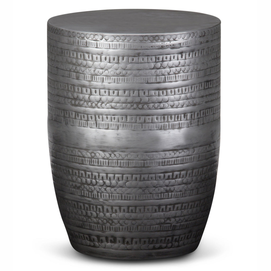Johnsen 15 Inch Wide Tribal Pattern Metal Accent Table in Antique Silver